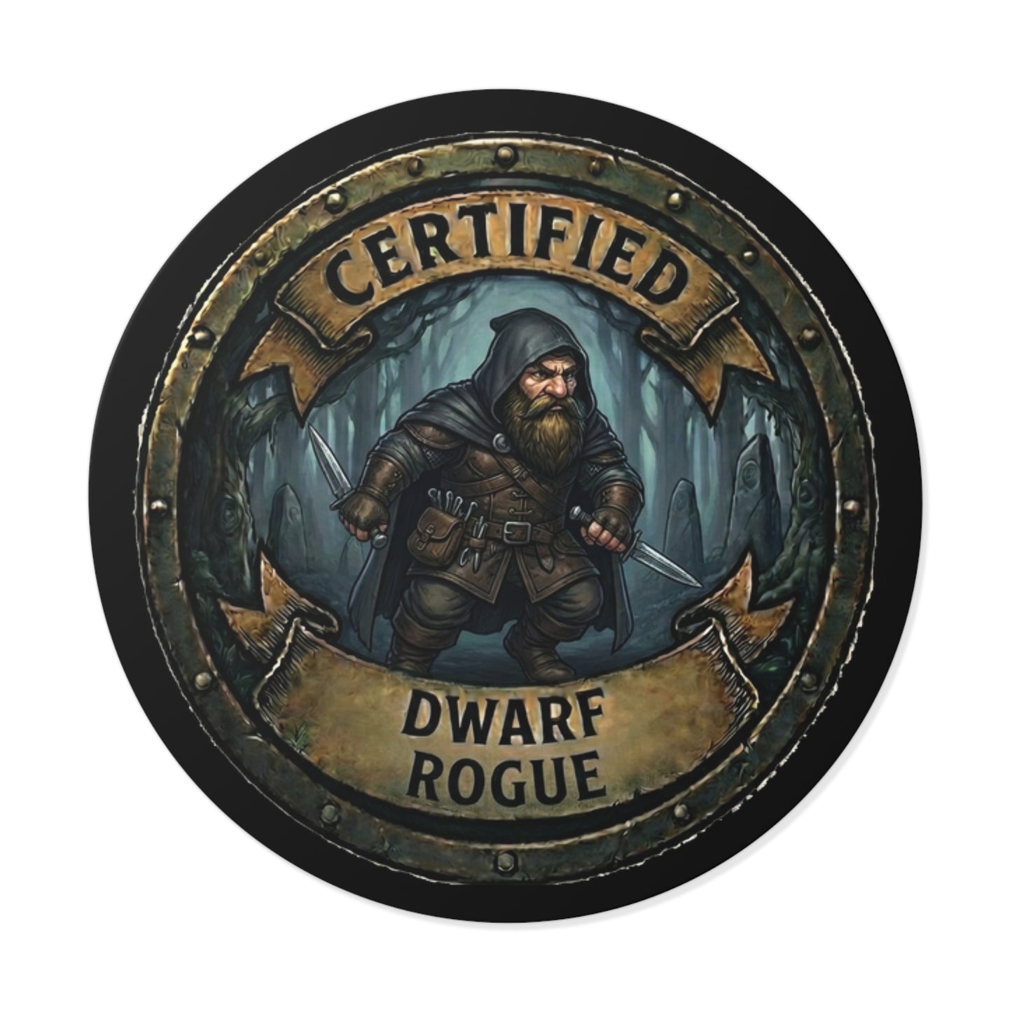 Certified Dwarf Rogue Round Vinyl Sticker — Fantasy RPG Character Decal