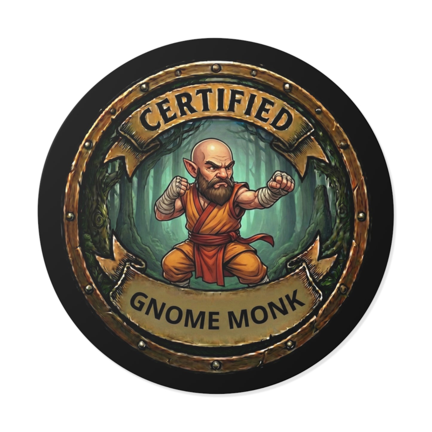 Certified Gnome Monk Round Vinyl Sticker — Fantasy RPG Badge Sticker