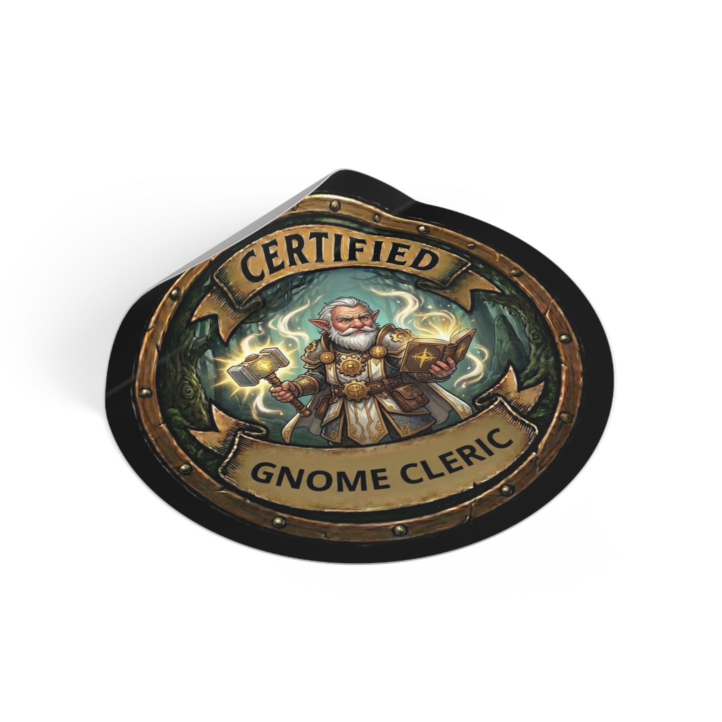 Certified Gnome Cleric Round Vinyl Sticker — Fantasy RPG D20 Dice Logo