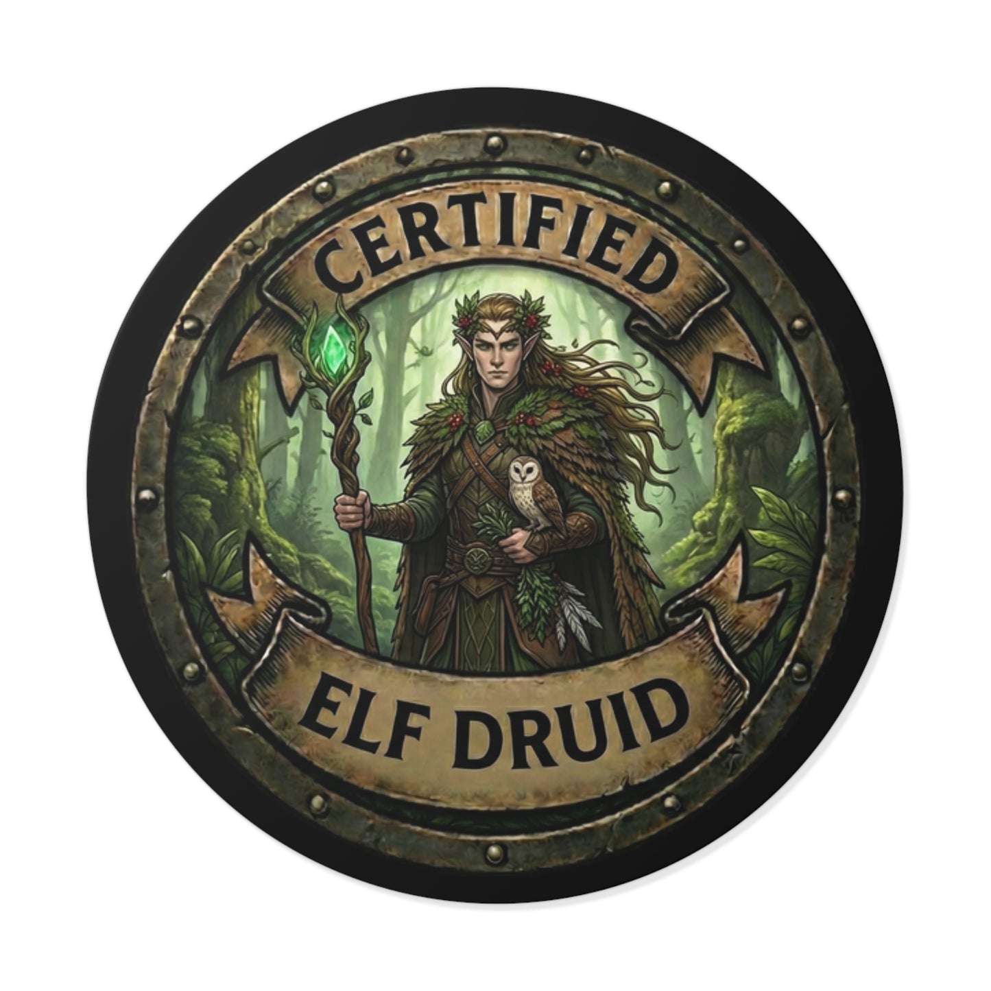 Certified Elf Druid Round Vinyl Sticker — Fantasy RPG Nature Mage Decal