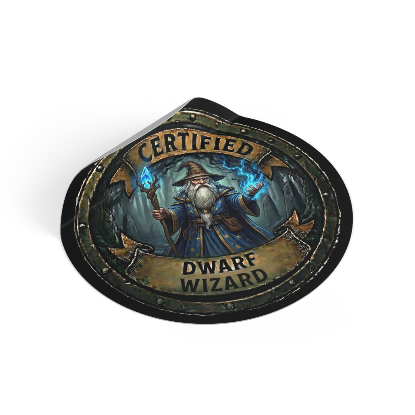 Certified Dwarf Wizard Round Vinyl Sticker — Fantasy Mage Emblem for Gamers & D&D Fans
