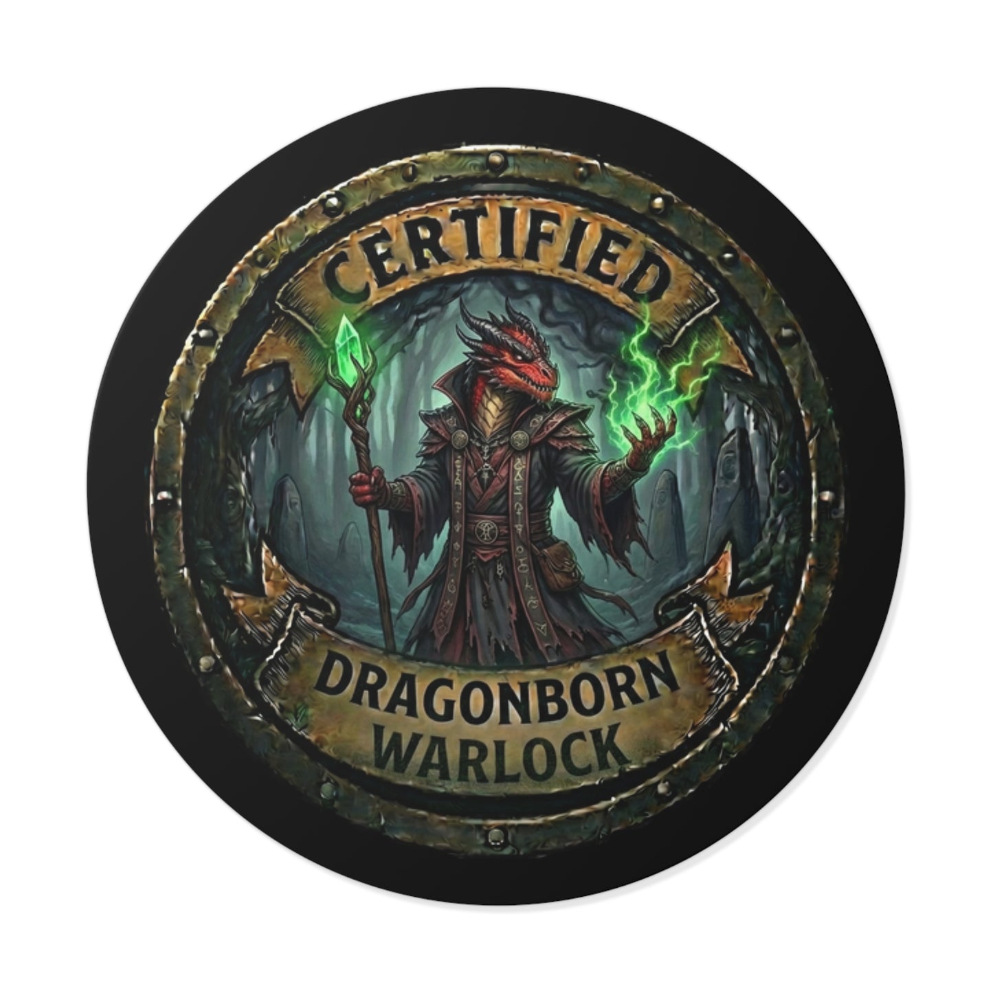 Certified Dragonborn Warlock Round Sticker — Fantasy RPG Vinyl Decal
