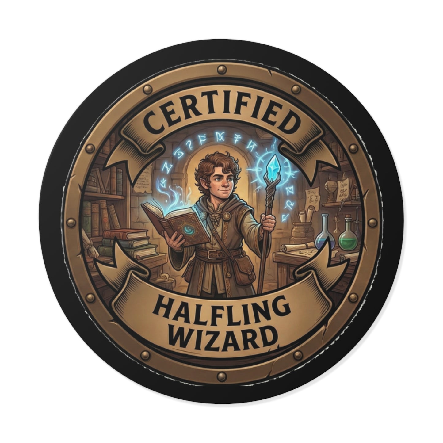 Certified Halfling Wizard Round Vinyl Sticker — Fantasy RPG Mage Badge