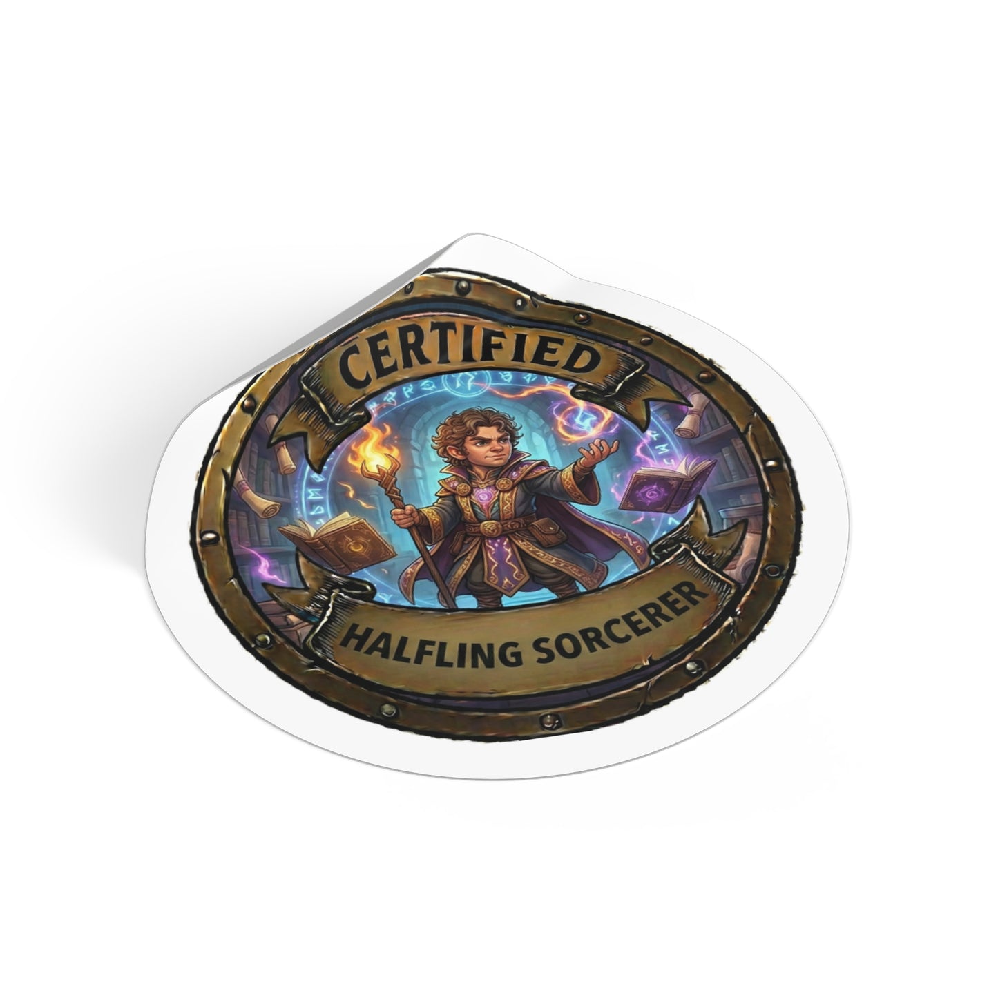 Certified Halfling Sorcerer Round Vinyl Sticker — Fantasy RPG Dice Table Decal