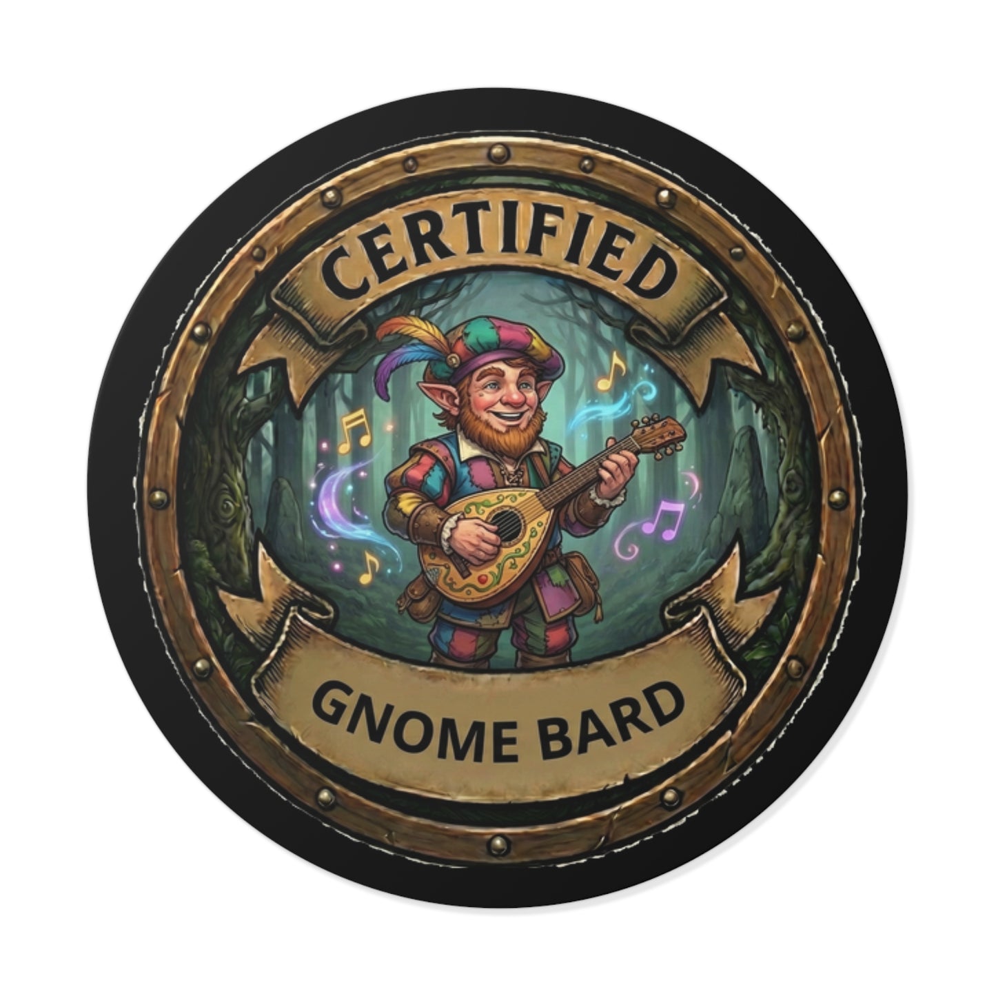 Certified Gnome Bard Round Vinyl Sticker — Fantasy RPG Musician Decal