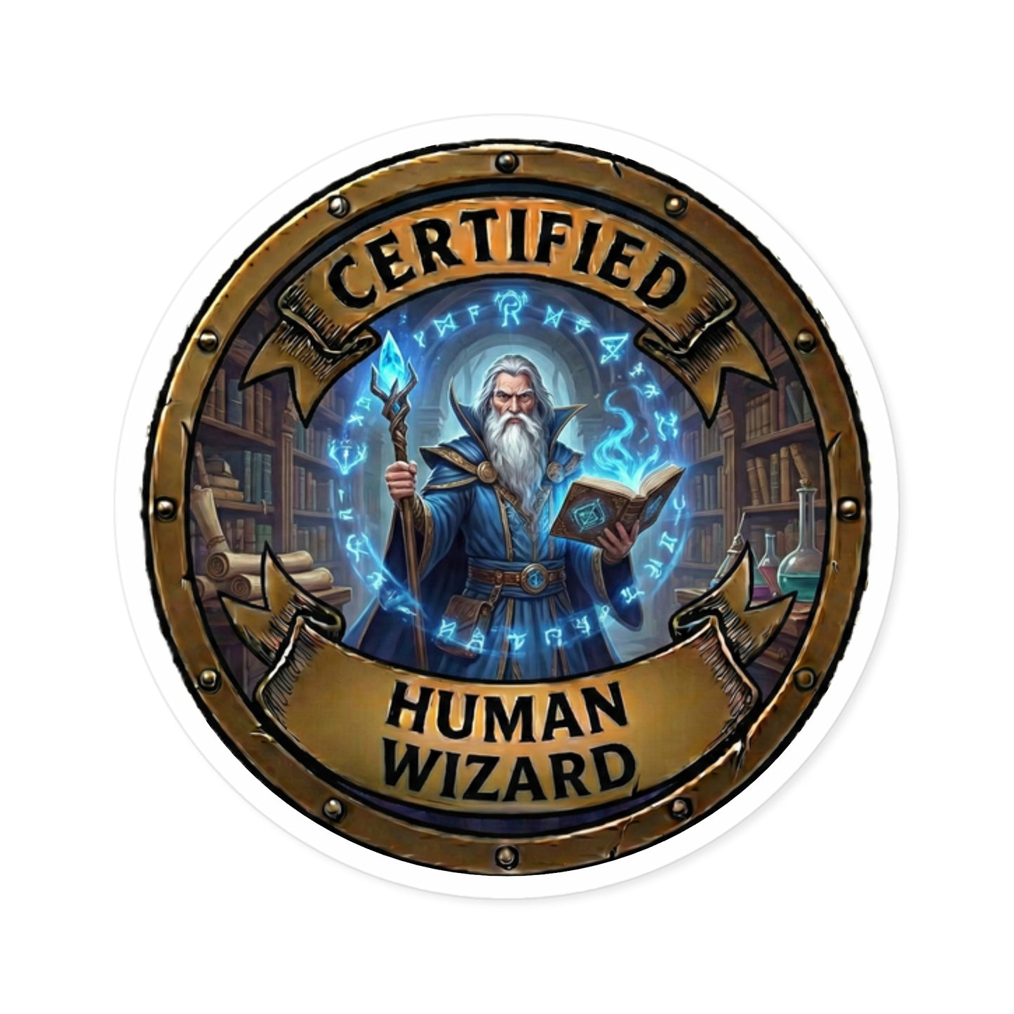 Certified Human Wizard Round Sticker — Fantasy Mage Badge for Laptops & Gifts
