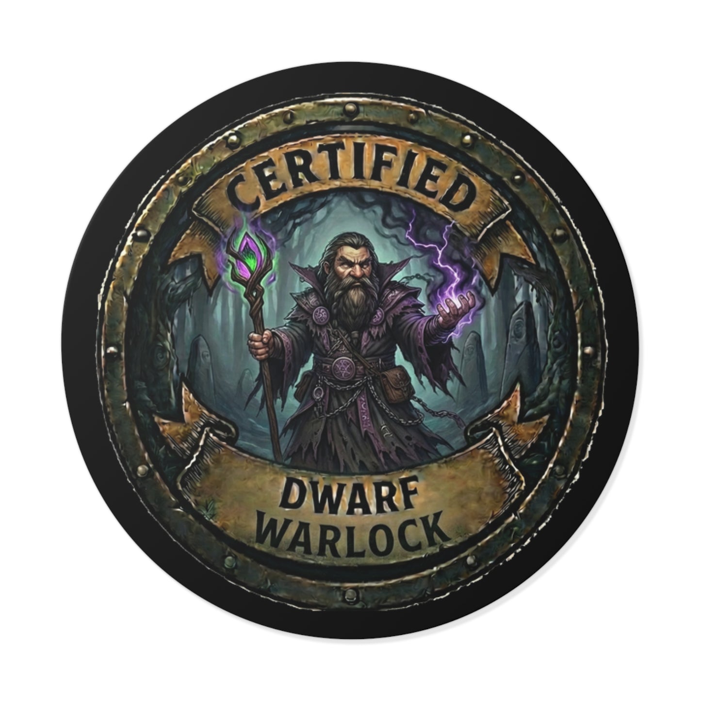 Certified Dwarf Warlock Round Vinyl Sticker – Fantasy RPG Gamer Decal
