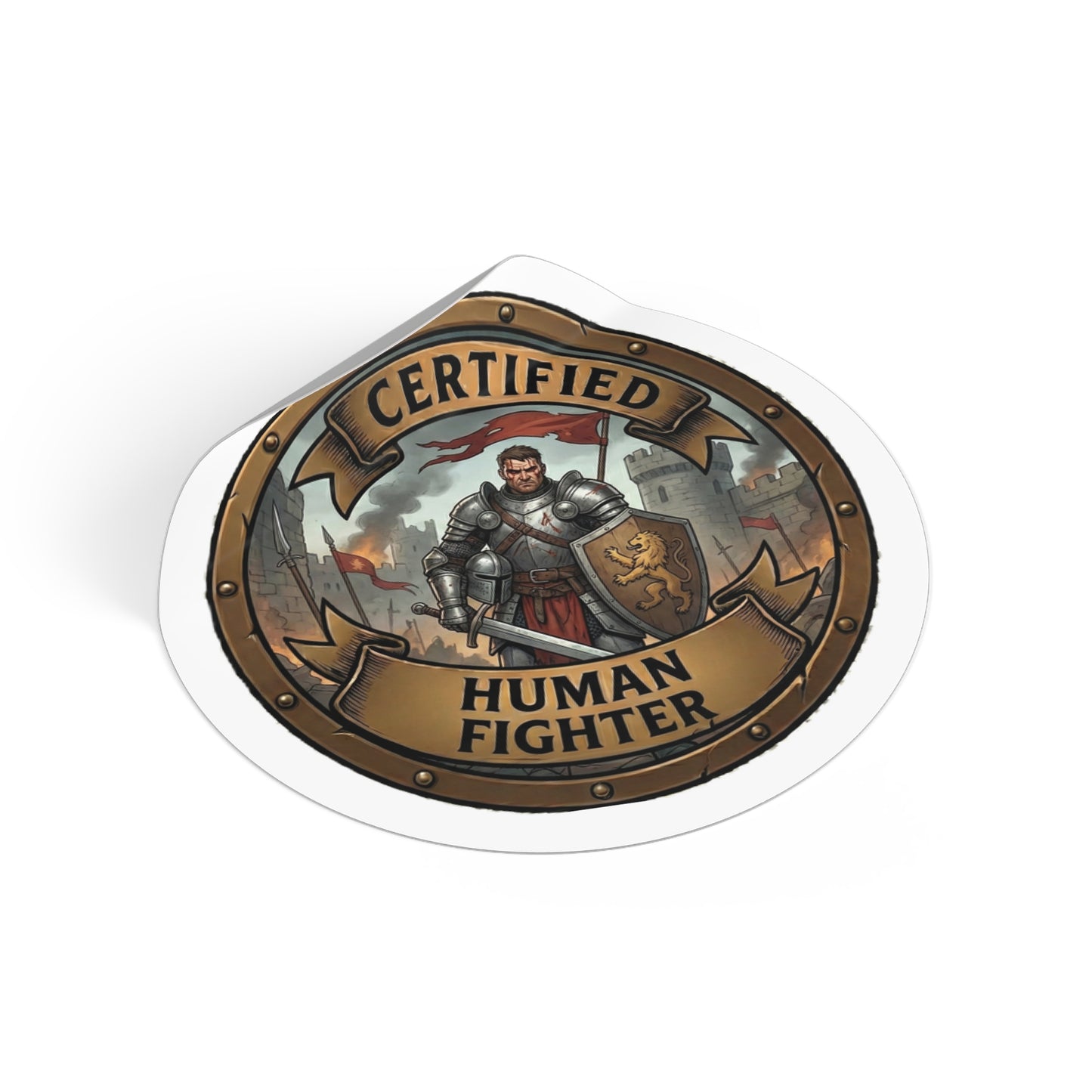 Certified Human Fighter Round Vinyl Sticker — RPG Knight Emblem