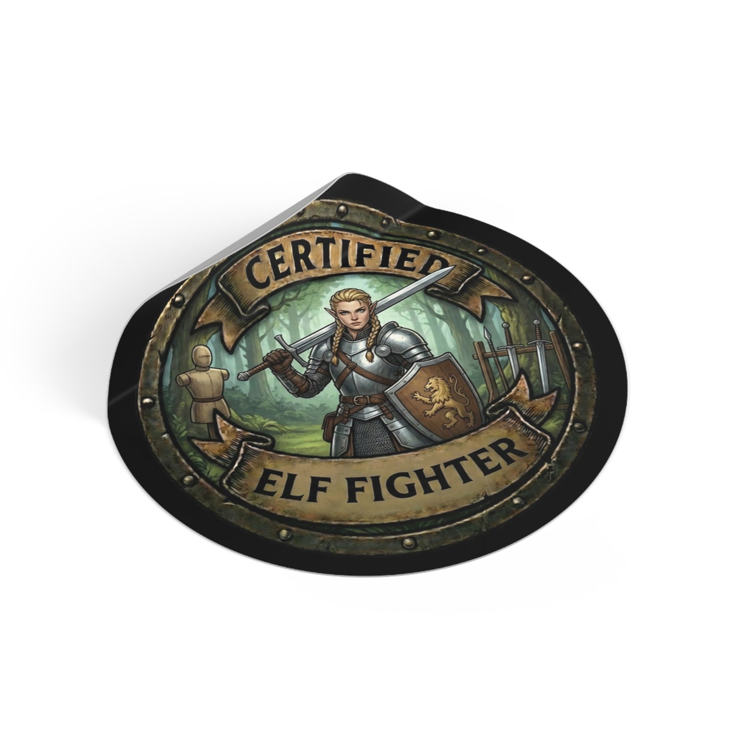 Certified Elf Fighter Round Vinyl Sticker — Fantasy RPG Character Emblem