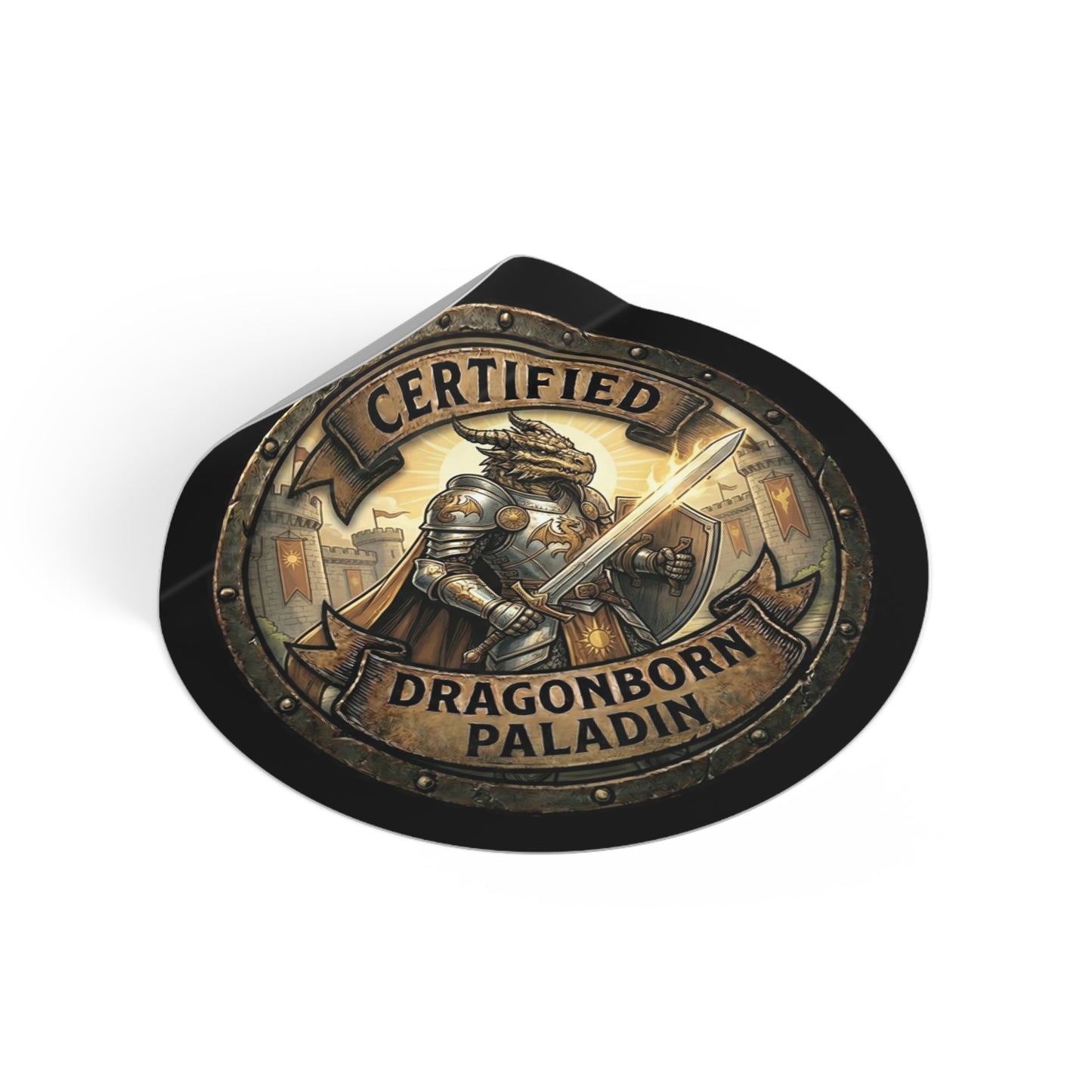 Certified Dragonborn Paladin Round Vinyl Sticker — Fantasy Knight Emblem