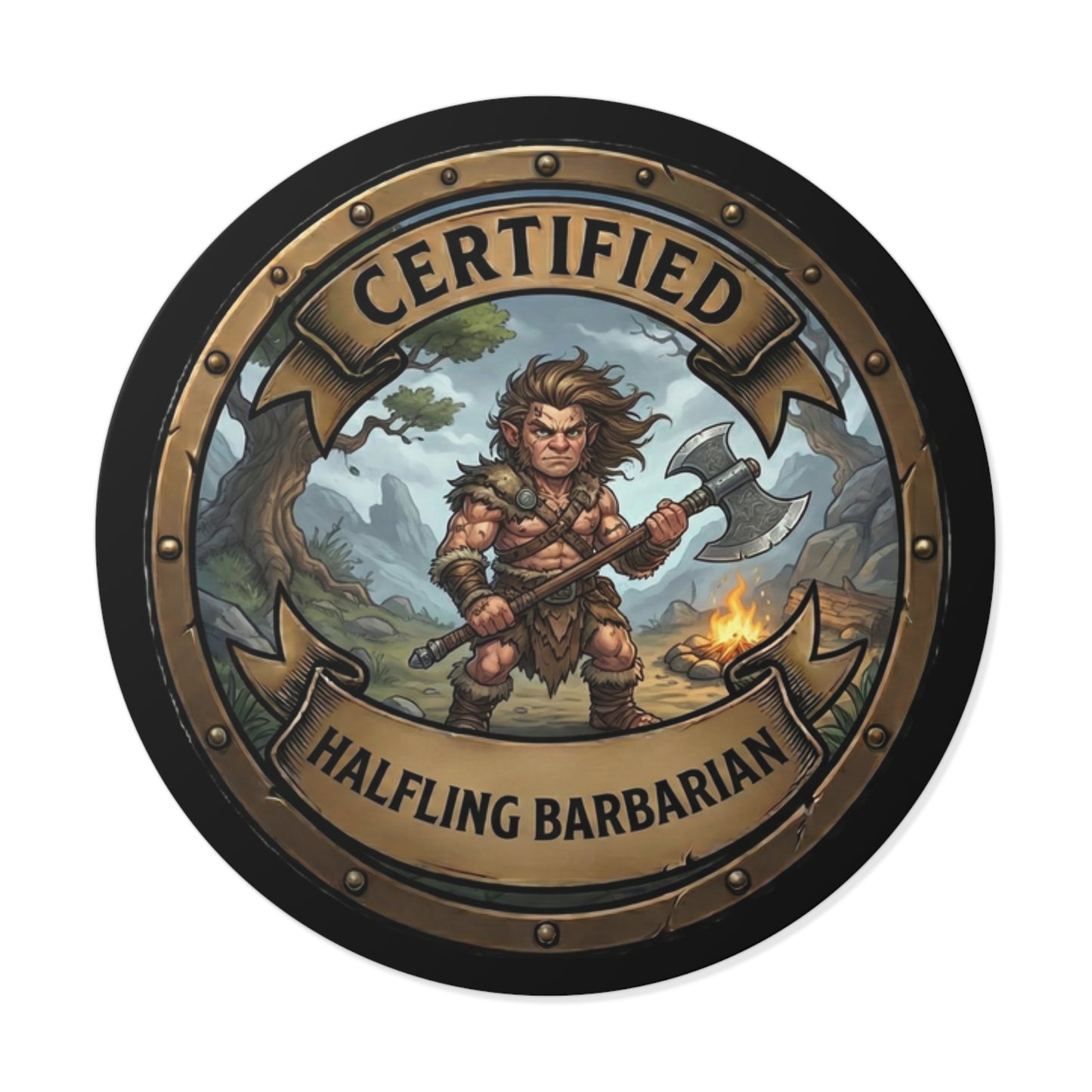 Halfling Barbarian Round Vinyl Sticker — "Certified" RPG Fantasy Character Decal