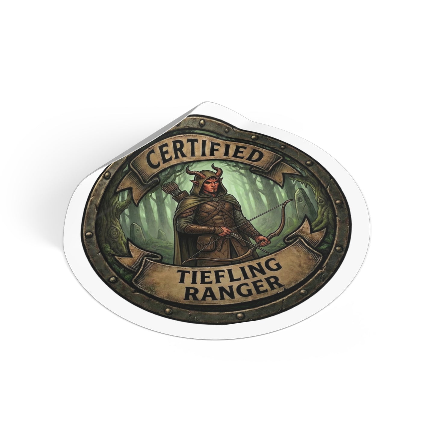 Certified Tiefling Ranger Round Vinyl Sticker — Fantasy RPG Character Decal