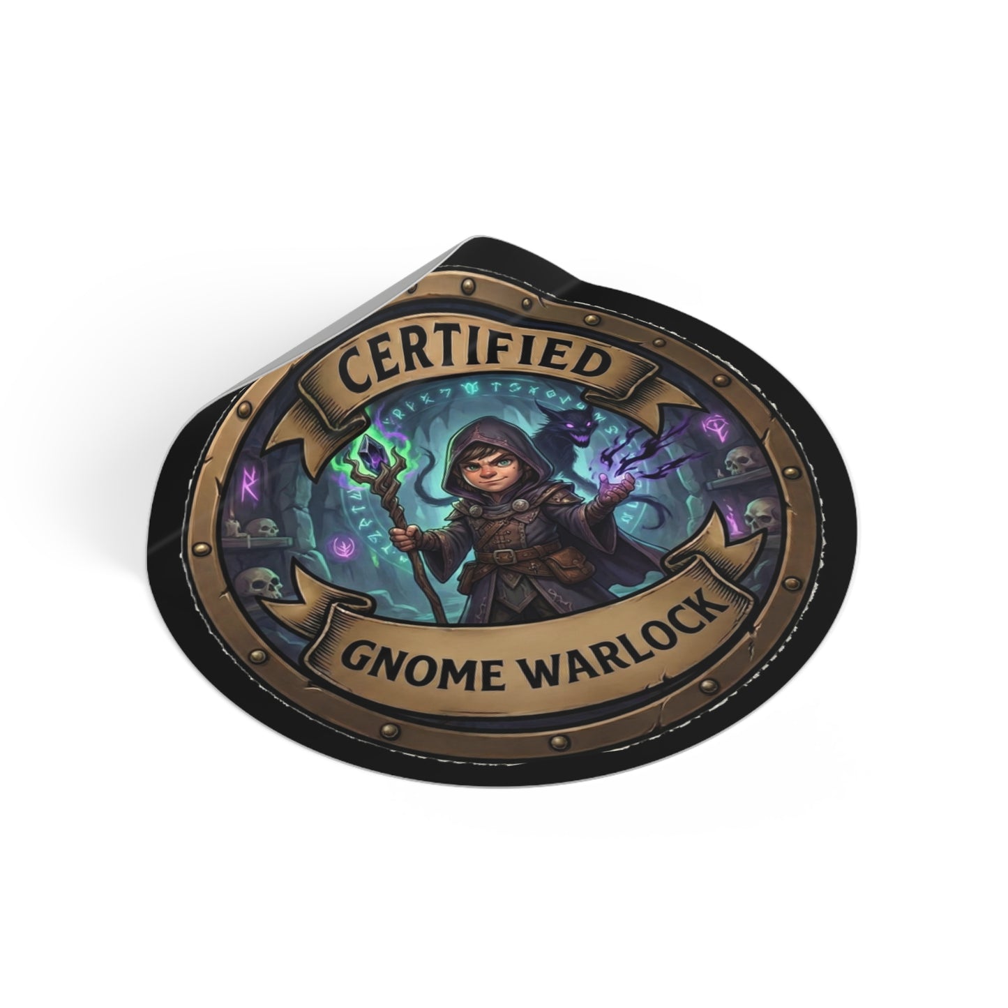 Certified Gnome Warlock Round Vinyl Sticker — Fantasy RPG Character Emblem
