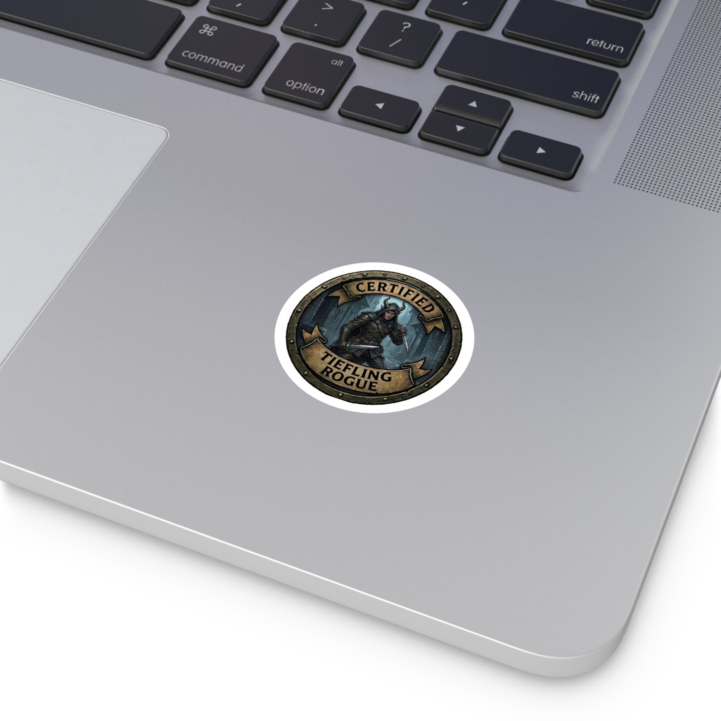 Certified Tiefling Rogue Round Vinyl Sticker — D&D Fantasy Character Decal