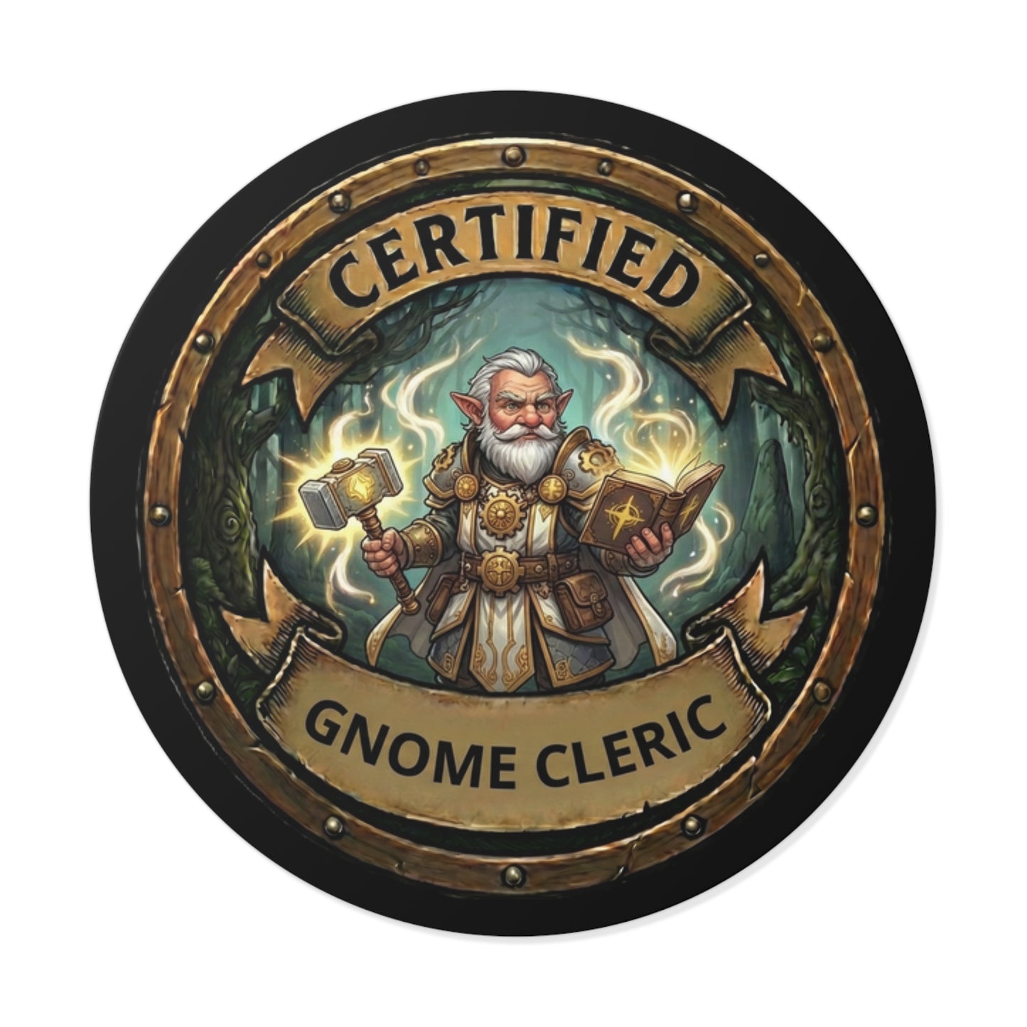 Certified Gnome Cleric Round Vinyl Sticker — Fantasy RPG D20 Dice Logo