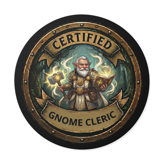 Certified Gnome Cleric Round Vinyl Sticker — Fantasy RPG D20 Dice Logo