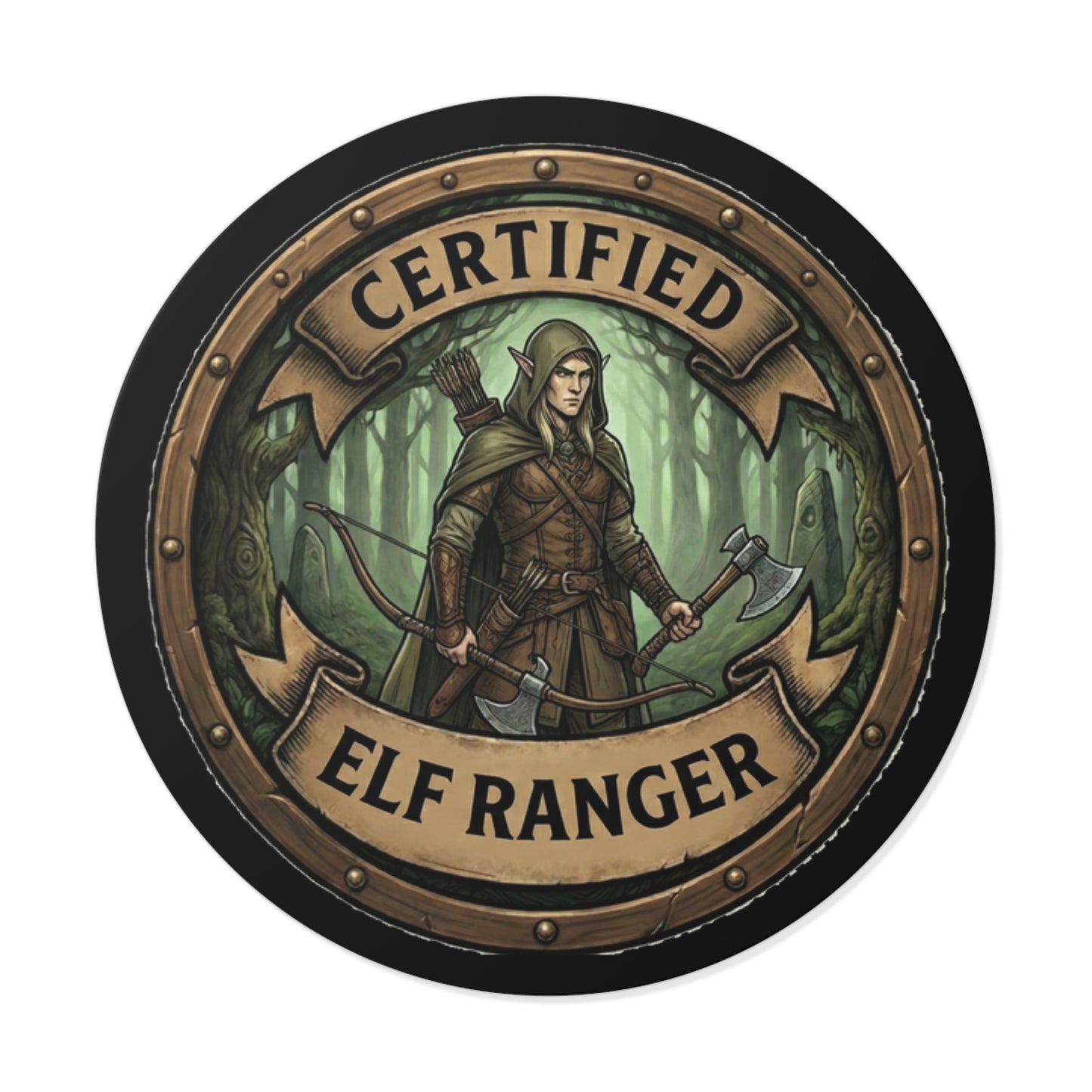 Certified Elf Ranger Round Vinyl Sticker — Fantasy Archer Emblem for LARP, RPG & Gifts