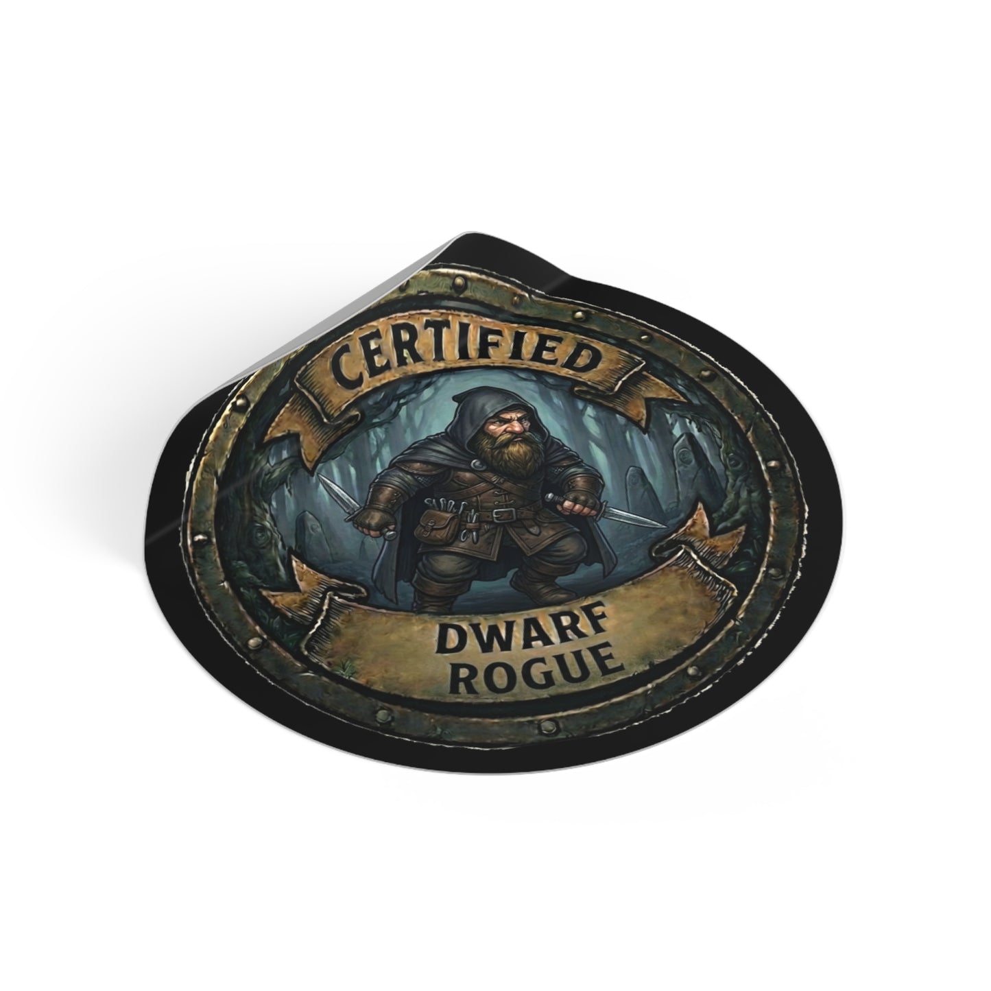Certified Dwarf Rogue Round Vinyl Sticker — Fantasy RPG Character Decal