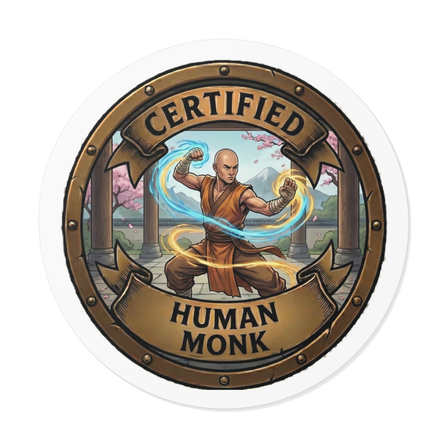 Certified Human Monk Round Vinyl Sticker — Martial Arts Mage Emblem