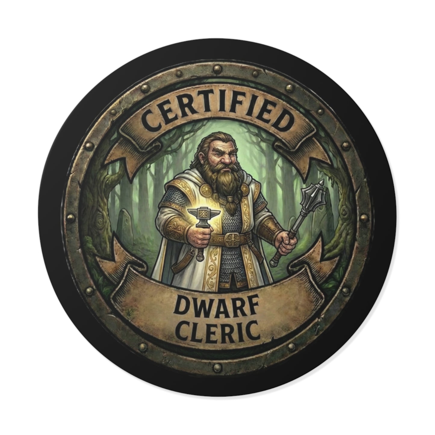 Certified Dwarf Cleric Round Vinyl Sticker — Fantasy RPG Character Badge