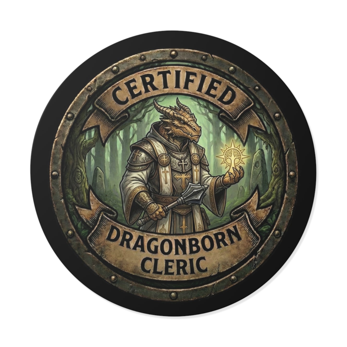 Certified Dragonborn Cleric Round Vinyl Sticker — Fantasy D&D Character Decal