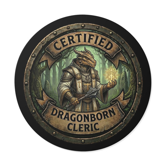 Certified Dragonborn Cleric Round Vinyl Sticker — Fantasy D&D Character Decal
