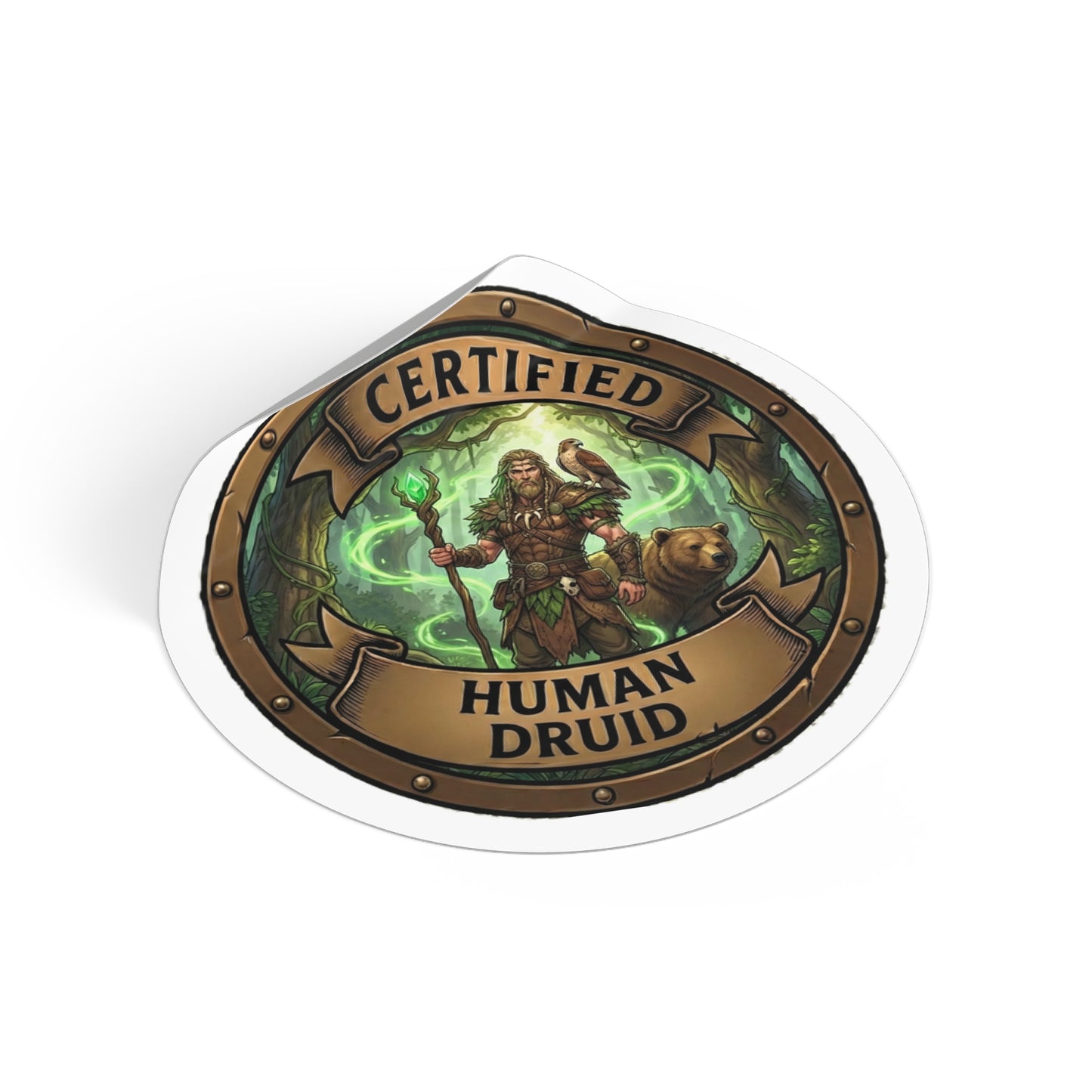 Certified Human Druid Round Vinyl Sticker – Fantasy RPG Character Badge