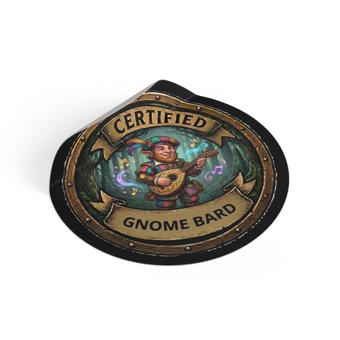 Certified Gnome Bard Round Vinyl Sticker — Fantasy RPG Musician Decal