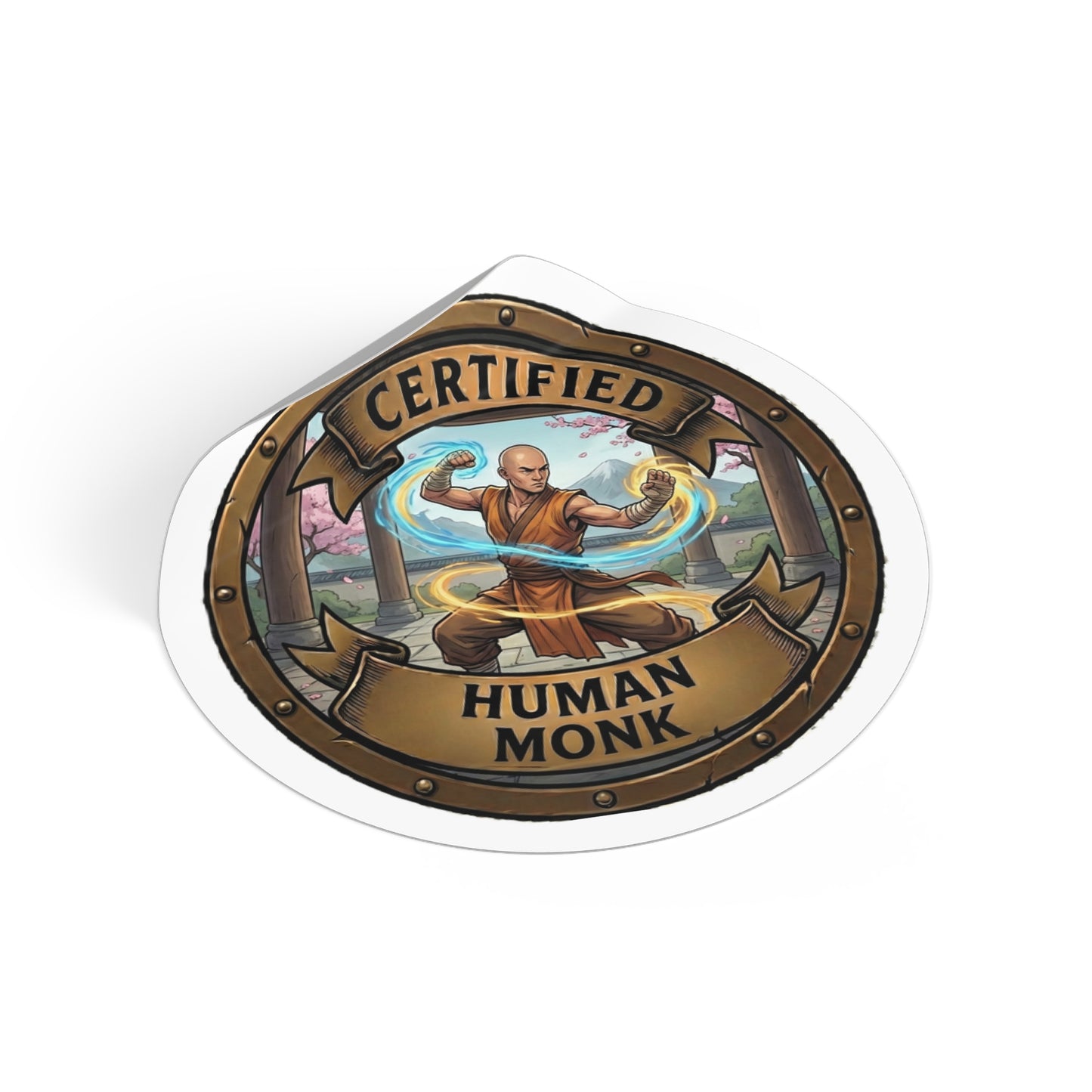 Certified Human Monk Round Vinyl Sticker — Martial Arts Mage Emblem
