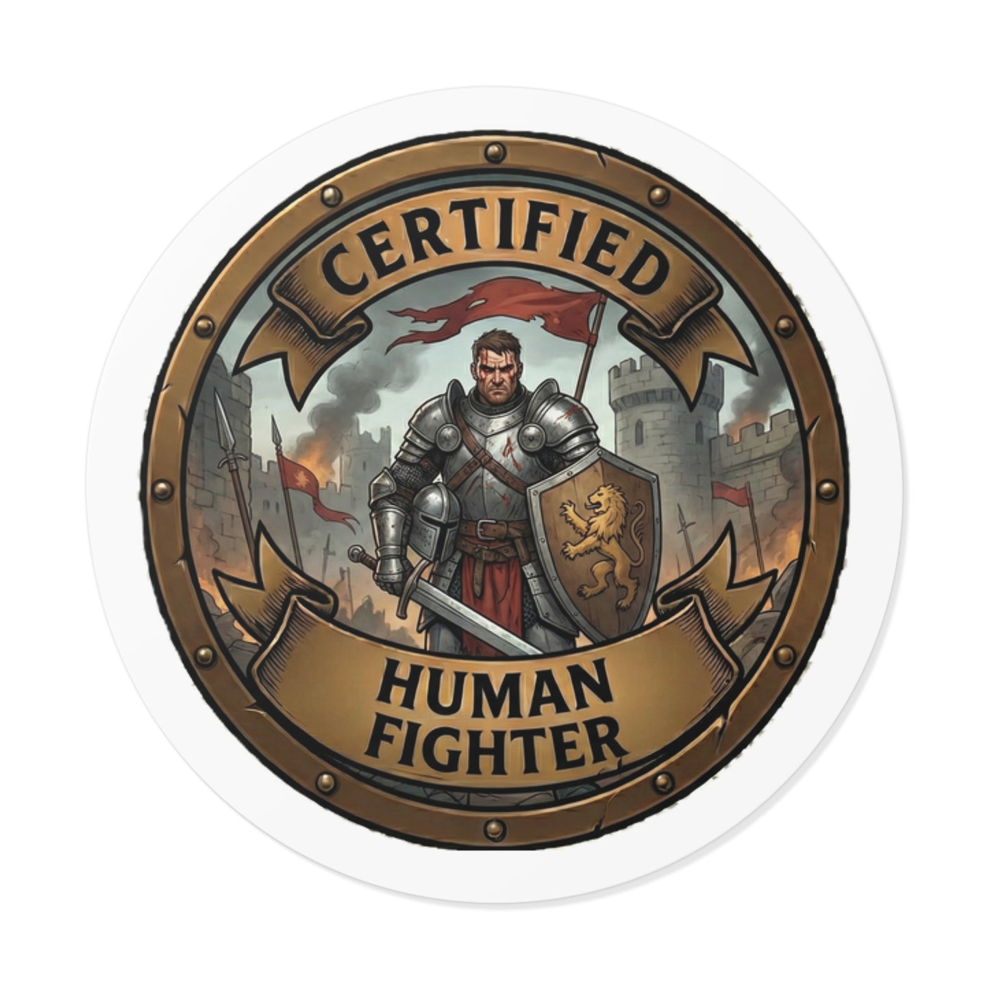 Certified Human Fighter Round Vinyl Sticker — RPG Knight Emblem