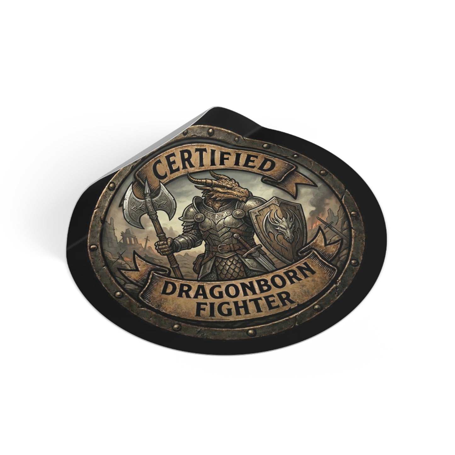 Certified Dragonborn Fighter Round Sticker — Fantasy RPG Vinyl Decal
