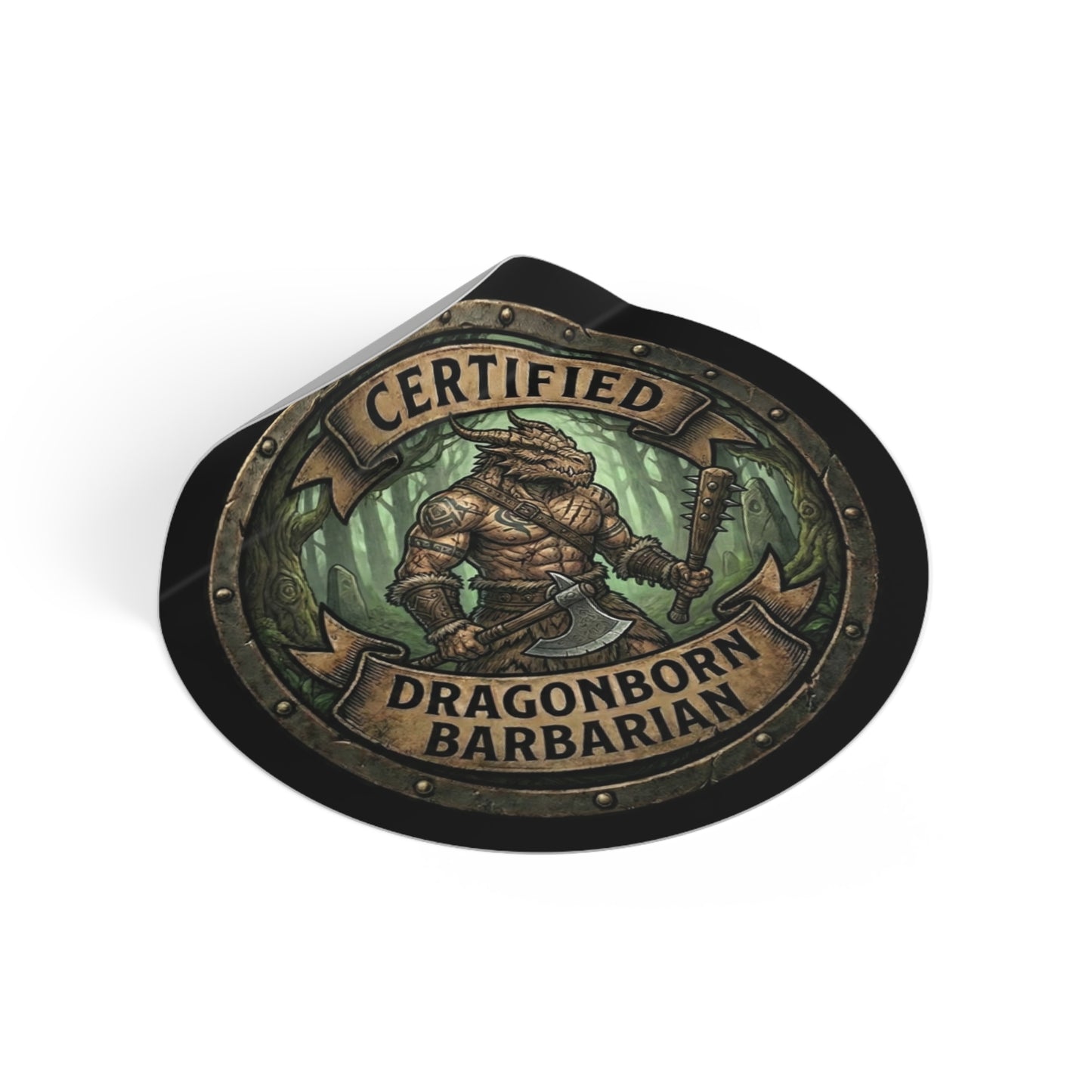 Certified Dragonborn Barbarian Round Vinyl Sticker — Fantasy RPG Dice Bag Decal
