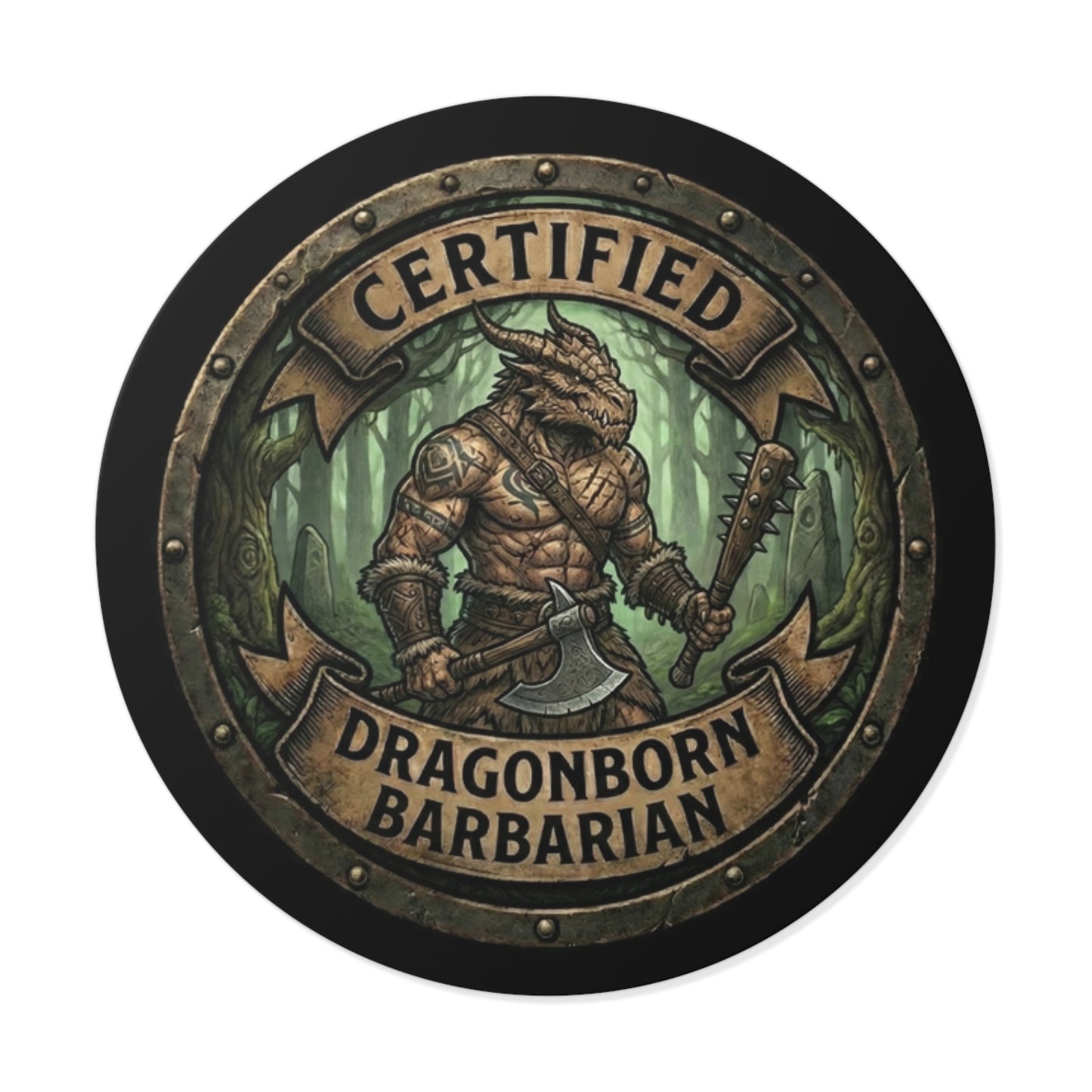 Certified Dragonborn Barbarian Round Vinyl Sticker — Fantasy RPG Dice Bag Decal