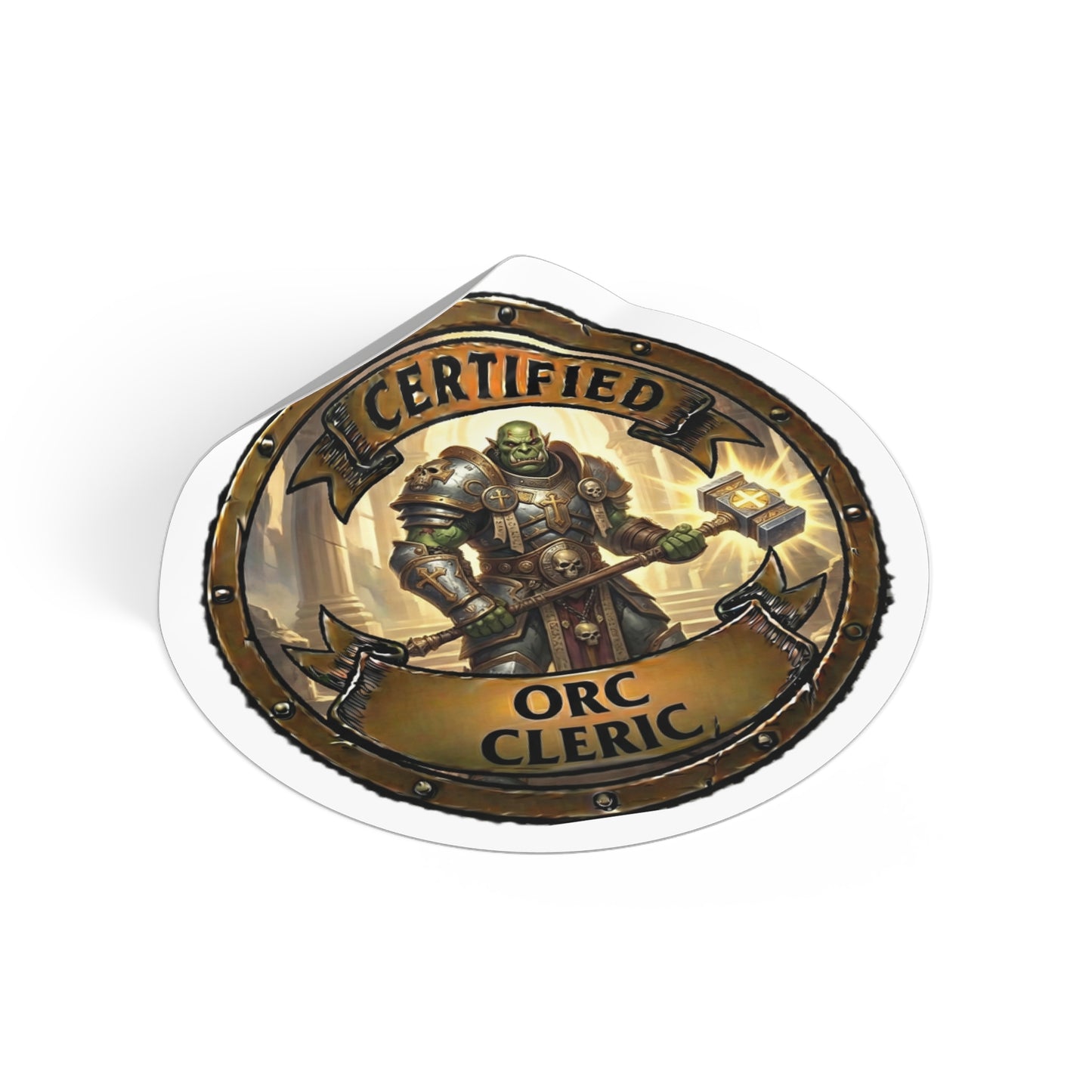 Certified Orc Cleric Round Vinyl Sticker — Fantasy RPG Dice & Character Decal