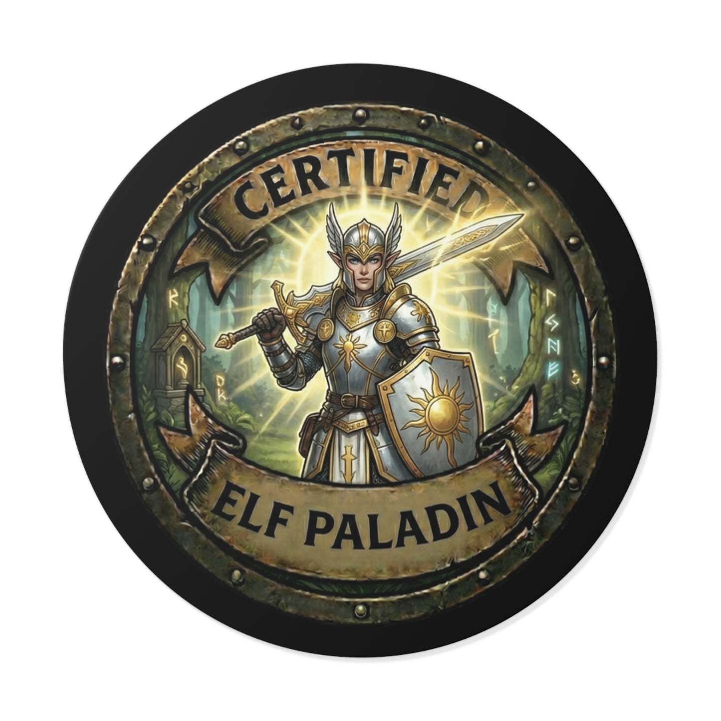 Certified Elf Paladin Round Vinyl Sticker — Fantasy RPG Emblem Decal