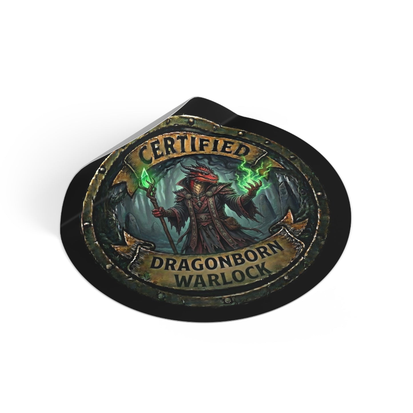 Certified Dragonborn Warlock Round Sticker — Fantasy RPG Vinyl Decal