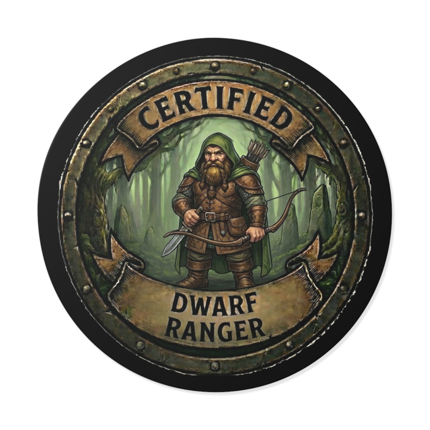 Certified Dwarf Ranger Round Vinyl Sticker — Fantasy RPG Emblem