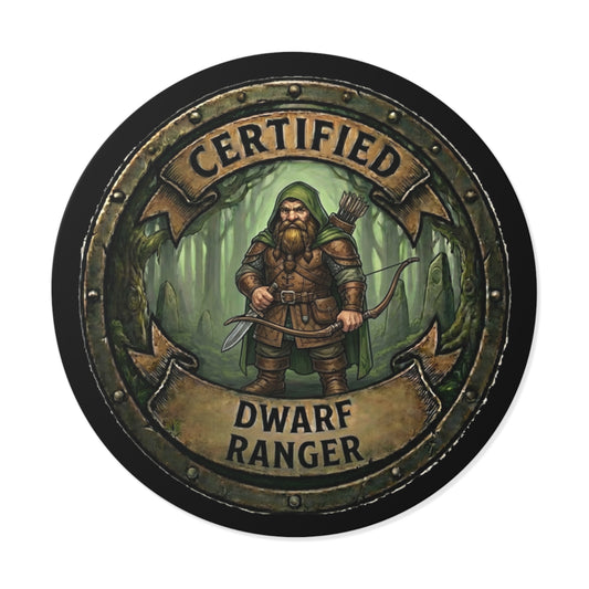 Certified Dwarf Ranger Round Vinyl Sticker — Fantasy RPG Emblem