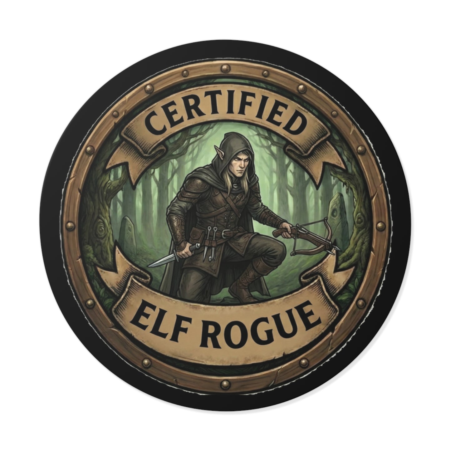Certified Elf Rogue Round Vinyl Sticker — Fantasy RPG Gamer Decal