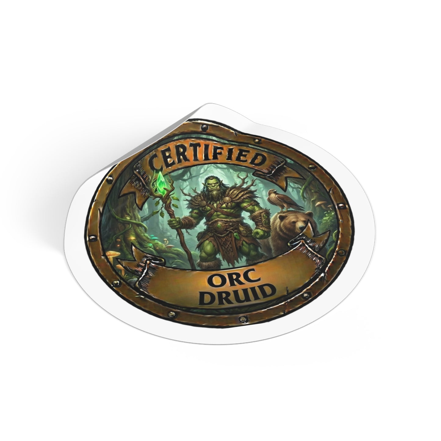 Certified Orc Druid Round Vinyl Sticker — Fantasy Gaming Badge Decal