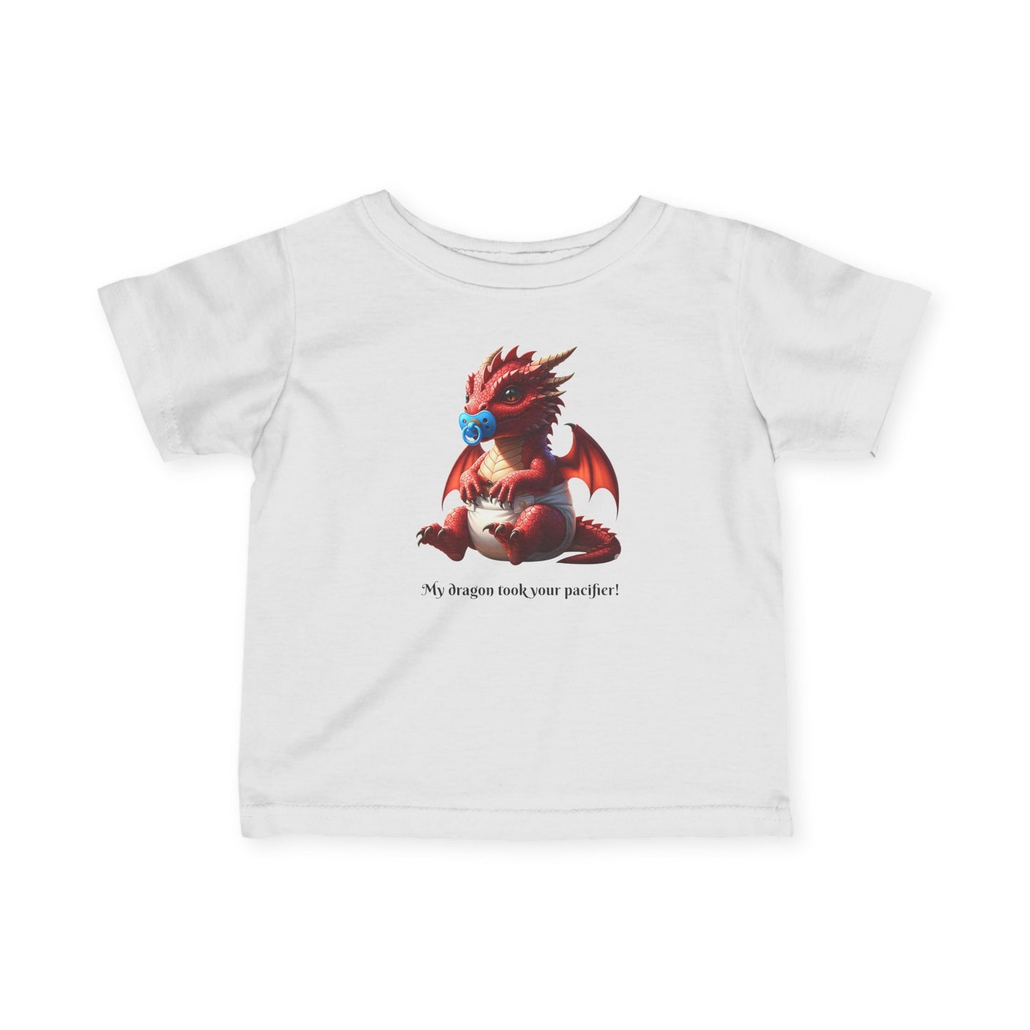 Infant T‑Shirt — Cute Red Dragon Baby Tee with 'My dragon took your pacifier'