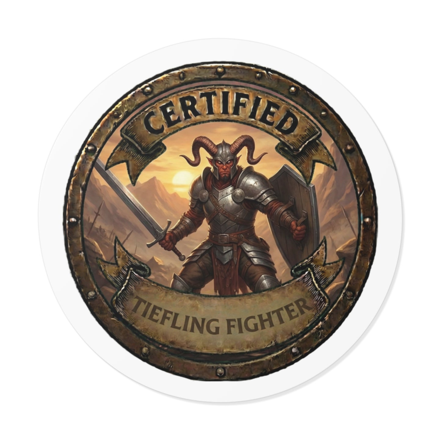 Certified Tiefling Fighter Round Vinyl Sticker — RPG Character Emblem