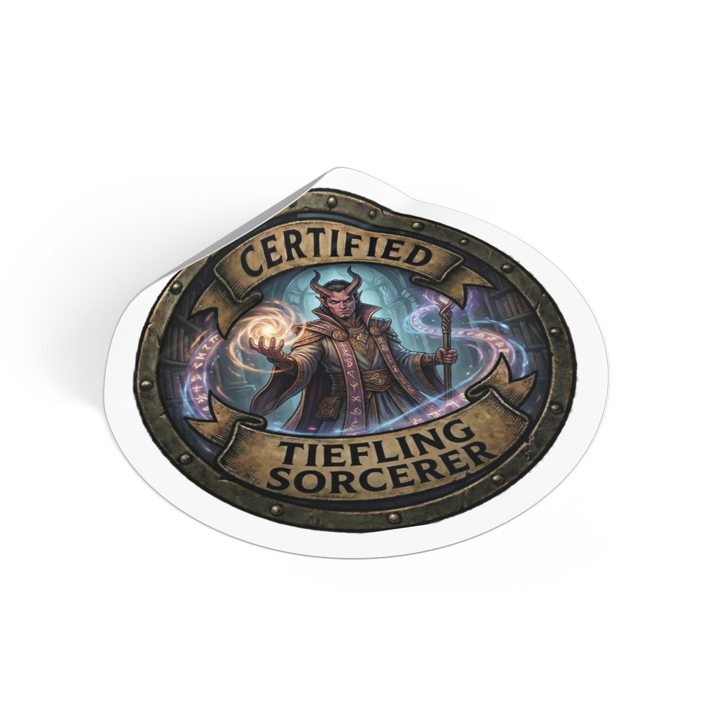 Certified Tiefling Sorcerer Round Vinyl Sticker — RPG Fantasy Mage Seal