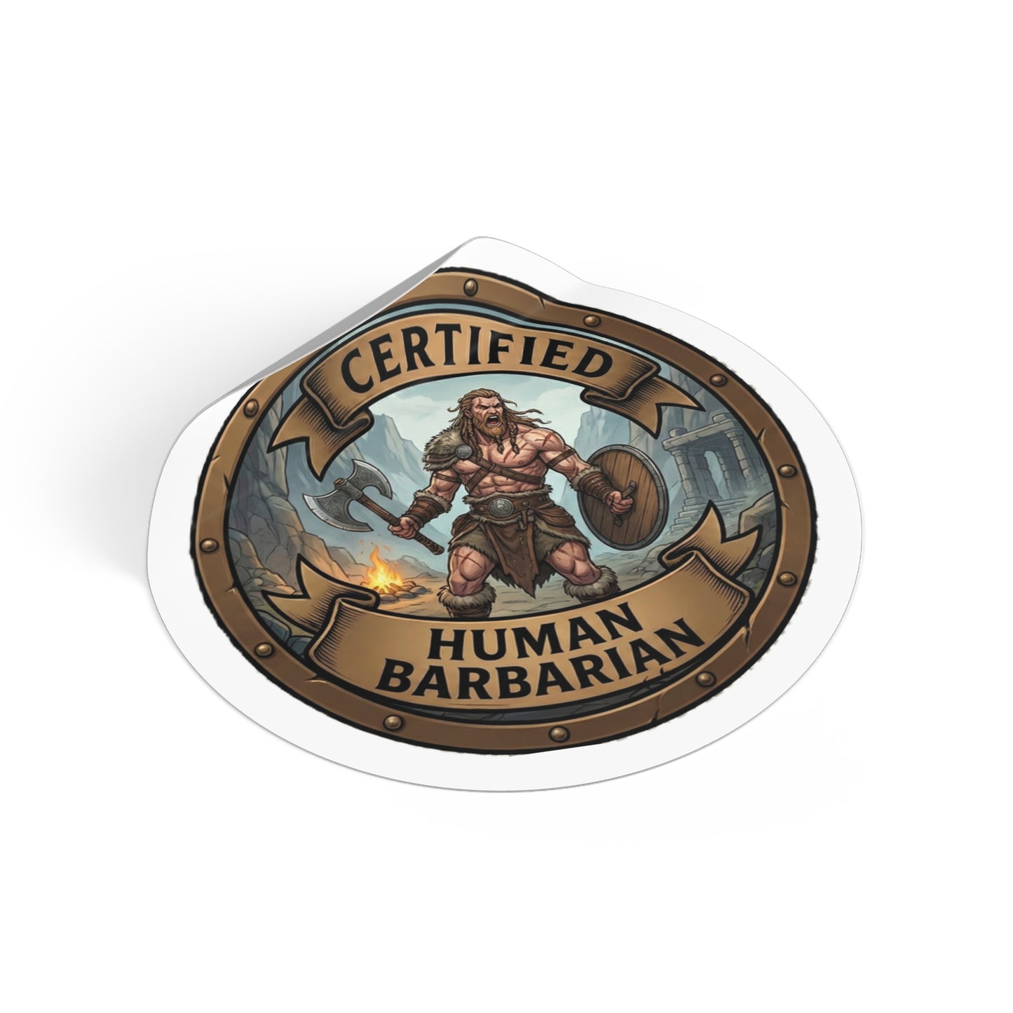 Certified Human Barbarian Round Sticker — Fantasy RPG Emblem