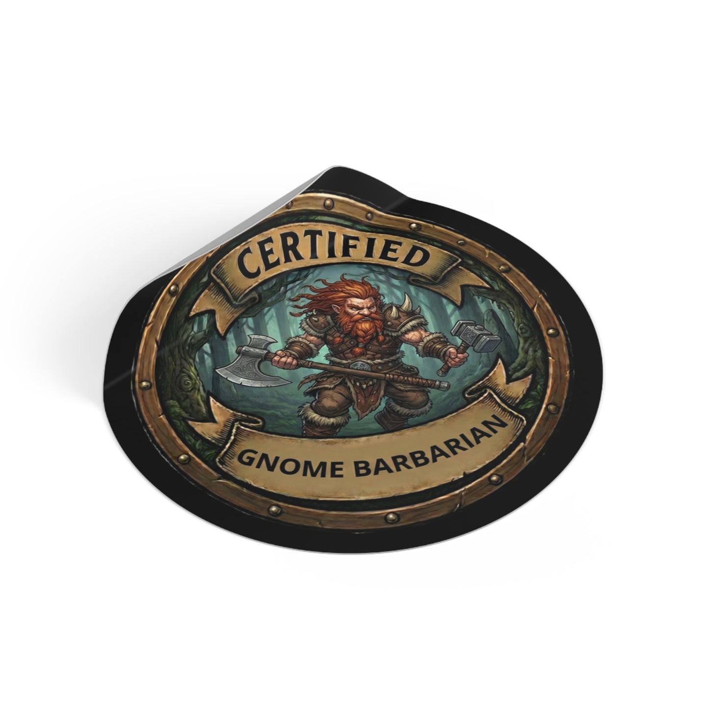 Certified Gnome Barbarian Round Vinyl Sticker — Fantasy RPG Badge