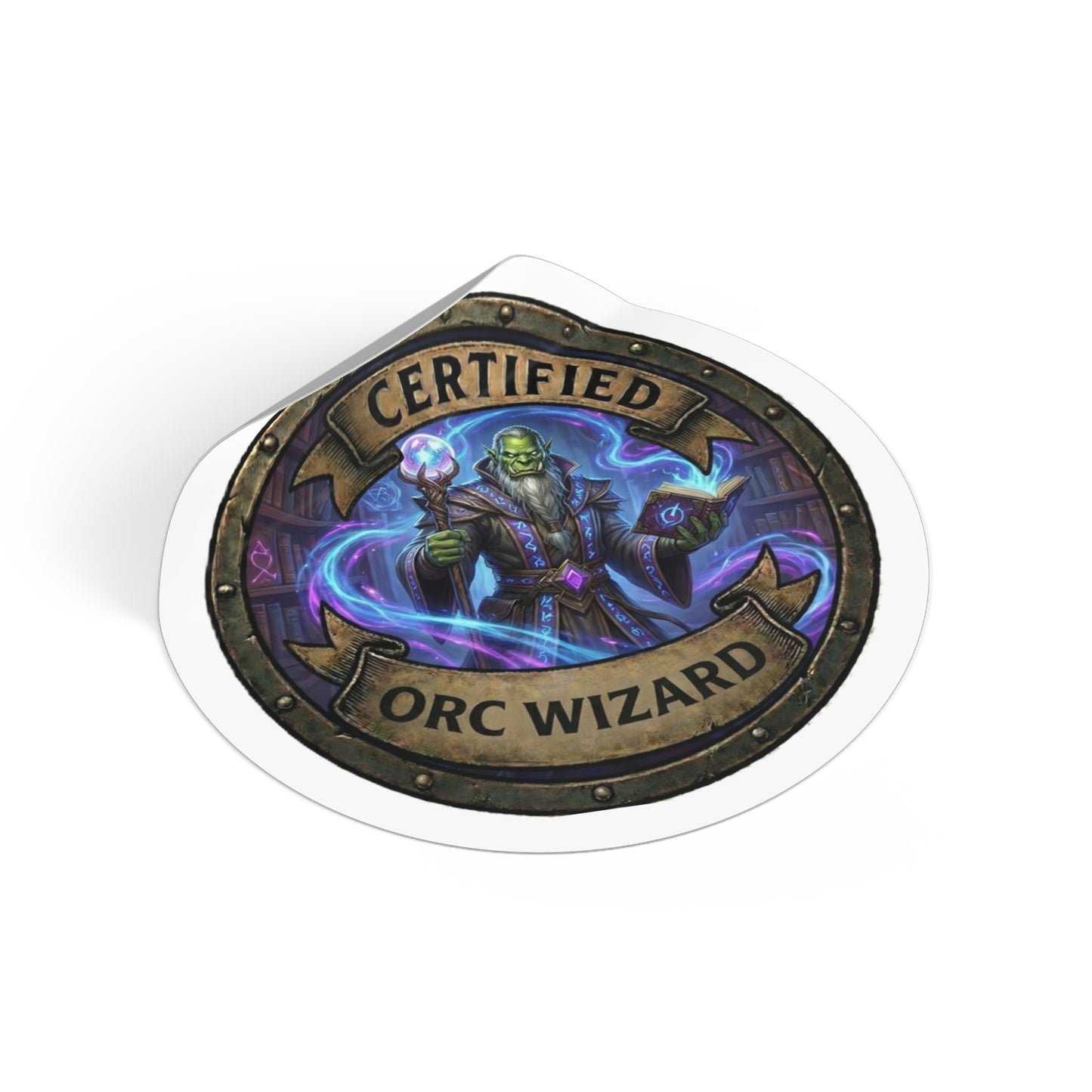 Certified Orc Wizard Round Vinyl Sticker — Fantasy Mage Badge for Gamers & Tabletop Fans