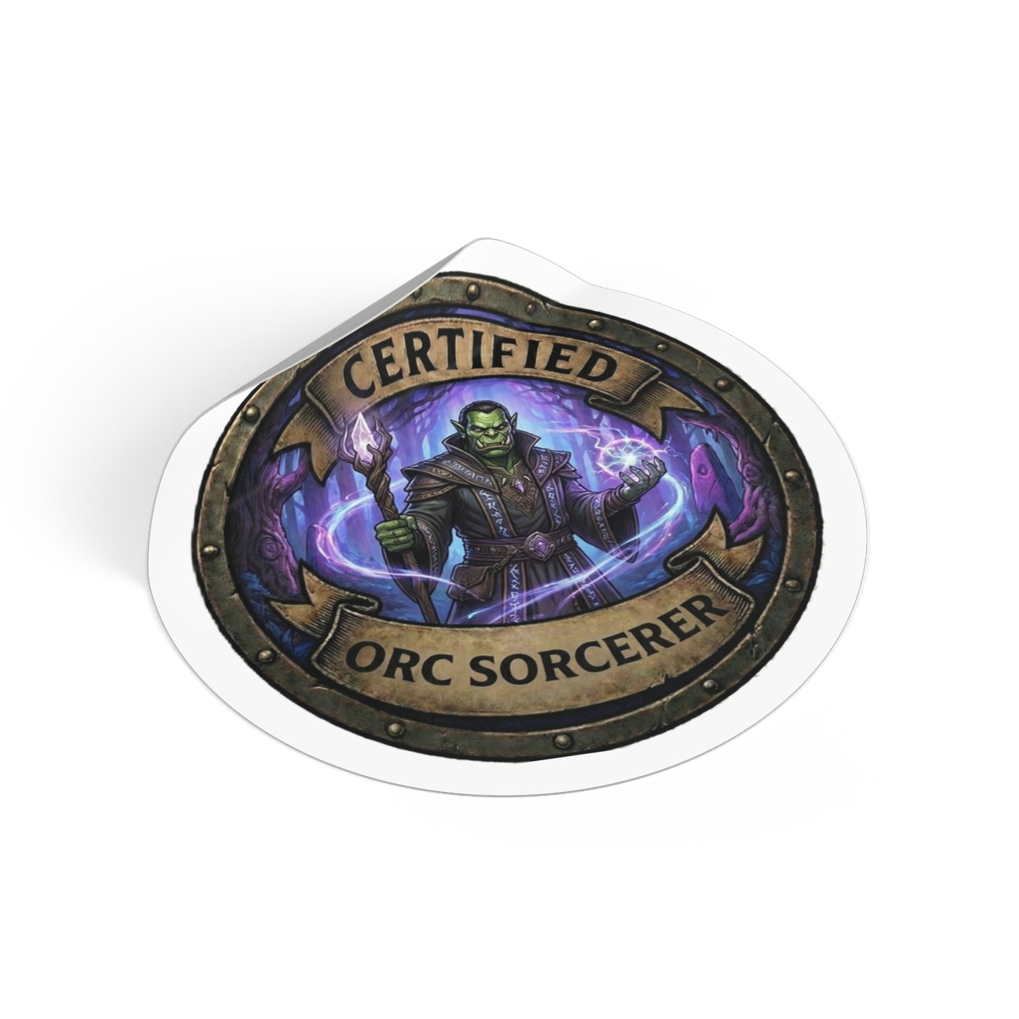 Certified Orc Sorcerer Round Vinyl Sticker — Fantasy RPG Magic Emblem