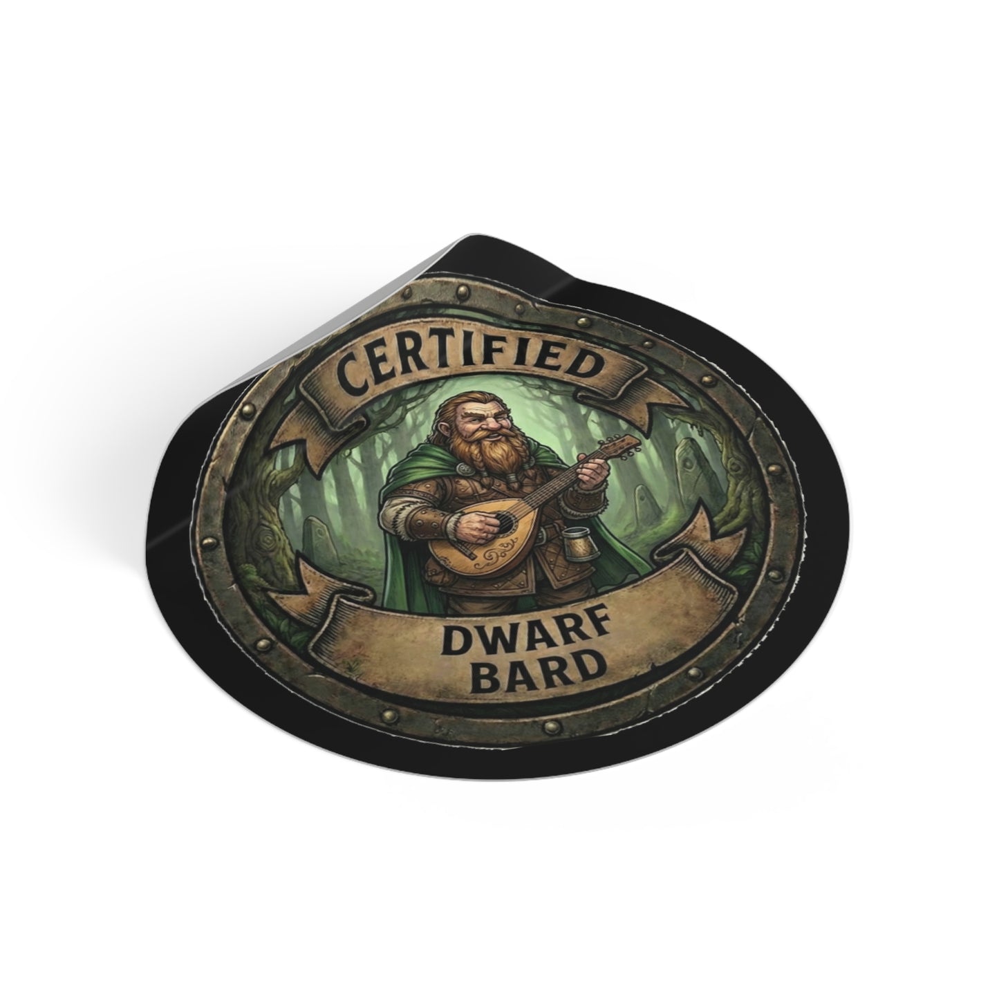 Certified Dwarf Bard Round Vinyl Sticker — Fantasy RPG Musician Decal
