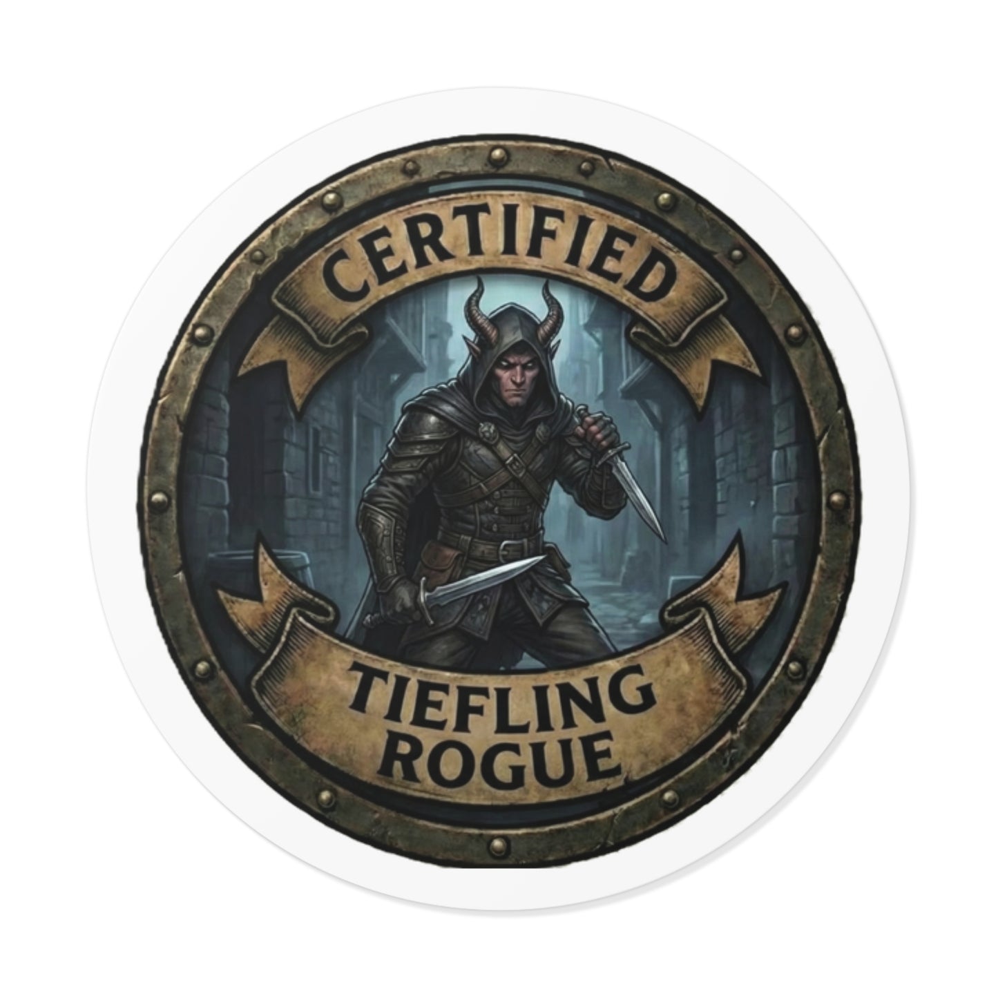 Certified Tiefling Rogue Round Vinyl Sticker — D&D Fantasy Character Decal
