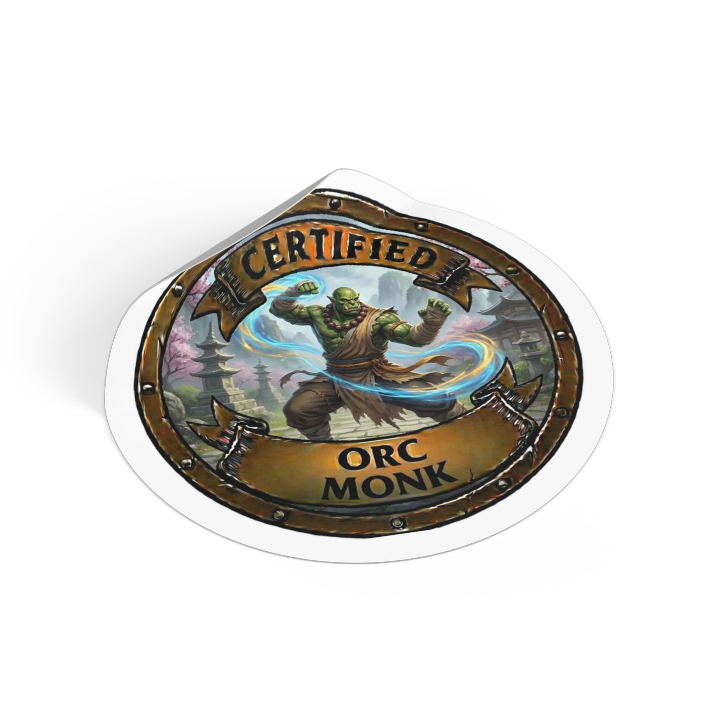 Certified Orc Monk Round Sticker — Fantasy RPG Vinyl Decal
